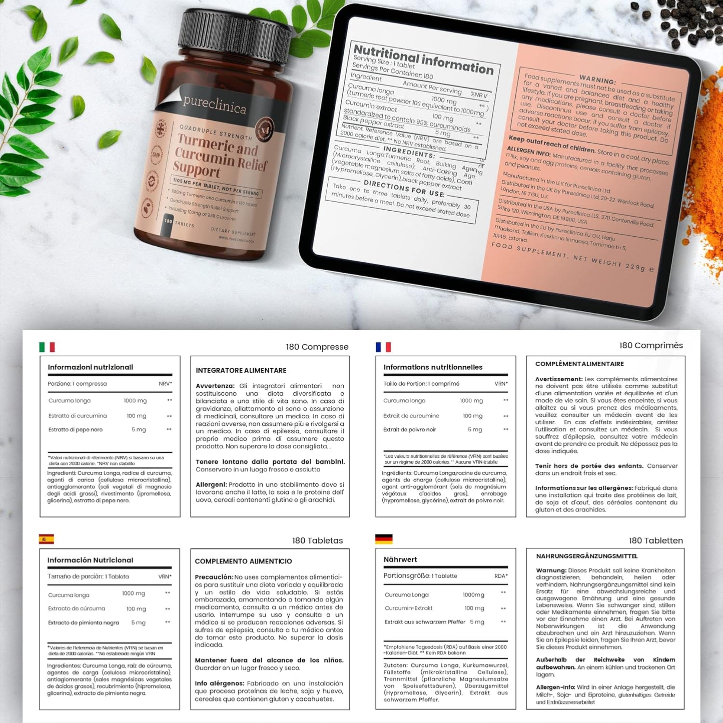 180 Tablets of 1100mg Turmeric and Curcumin with 95% Curcumin & Black Pepper Extract - 6 Month Supply from Pureclinica