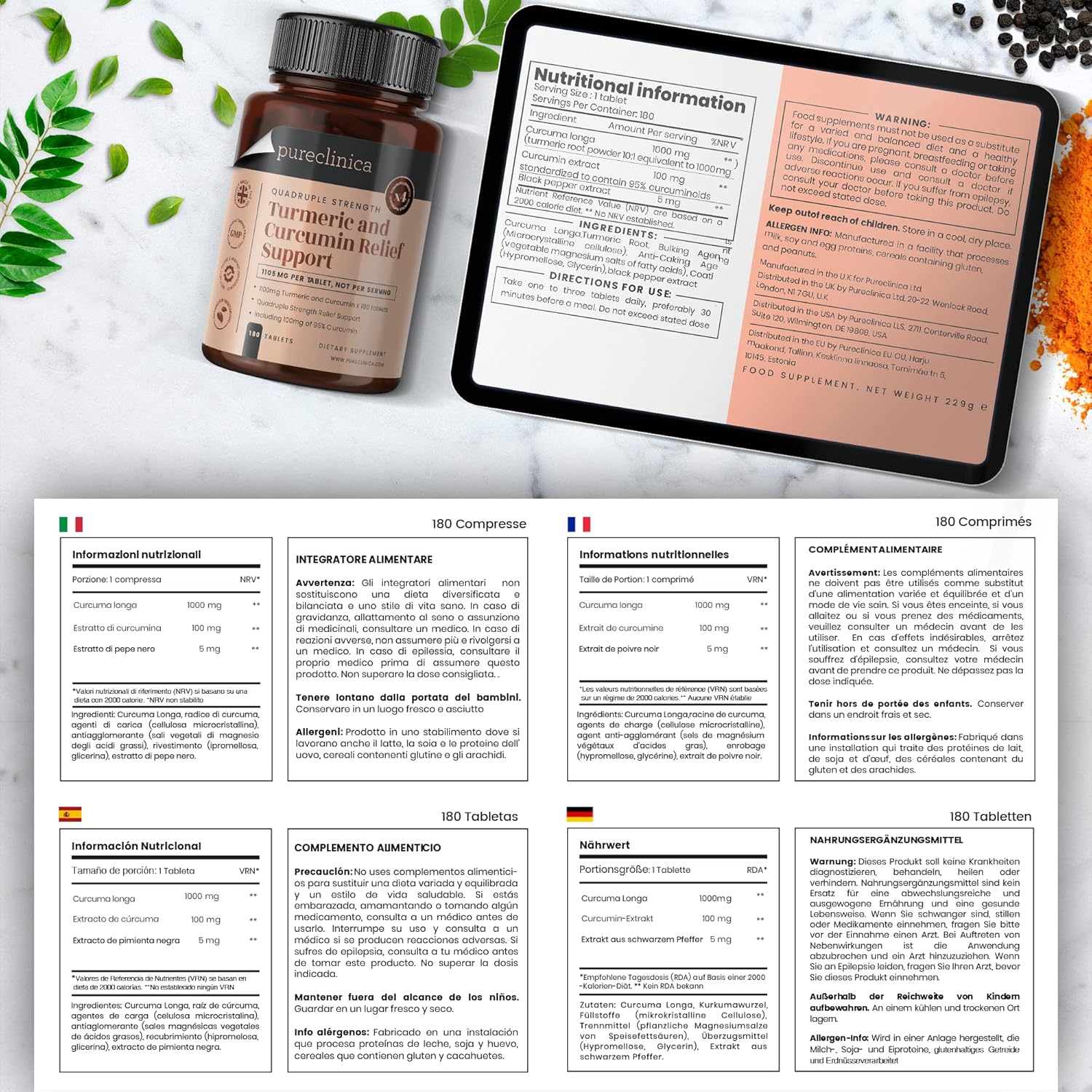 180 Tablets of 1100mg Turmeric and Curcumin with 95% Curcumin & Black Pepper Extract - 6 Month Supply from Pureclinica