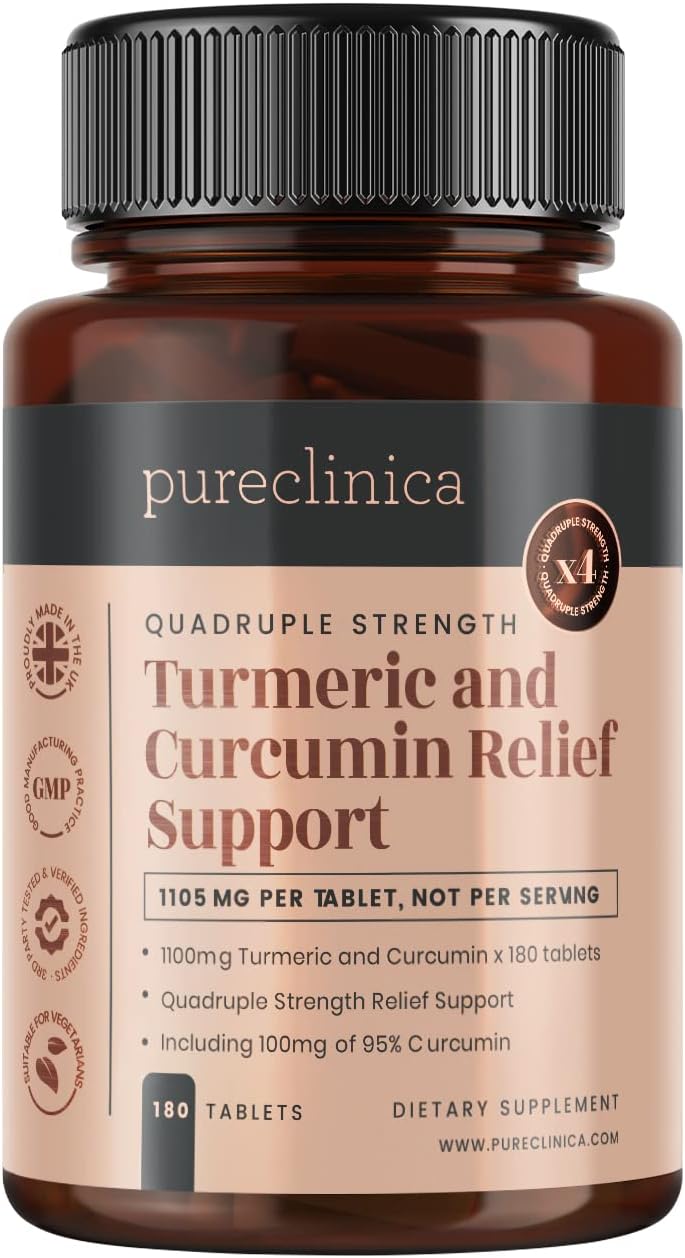 180 Tablets of 1100mg Turmeric and Curcumin with 95% Curcumin & Black Pepper Extract - 6 Month Supply from Pureclinica