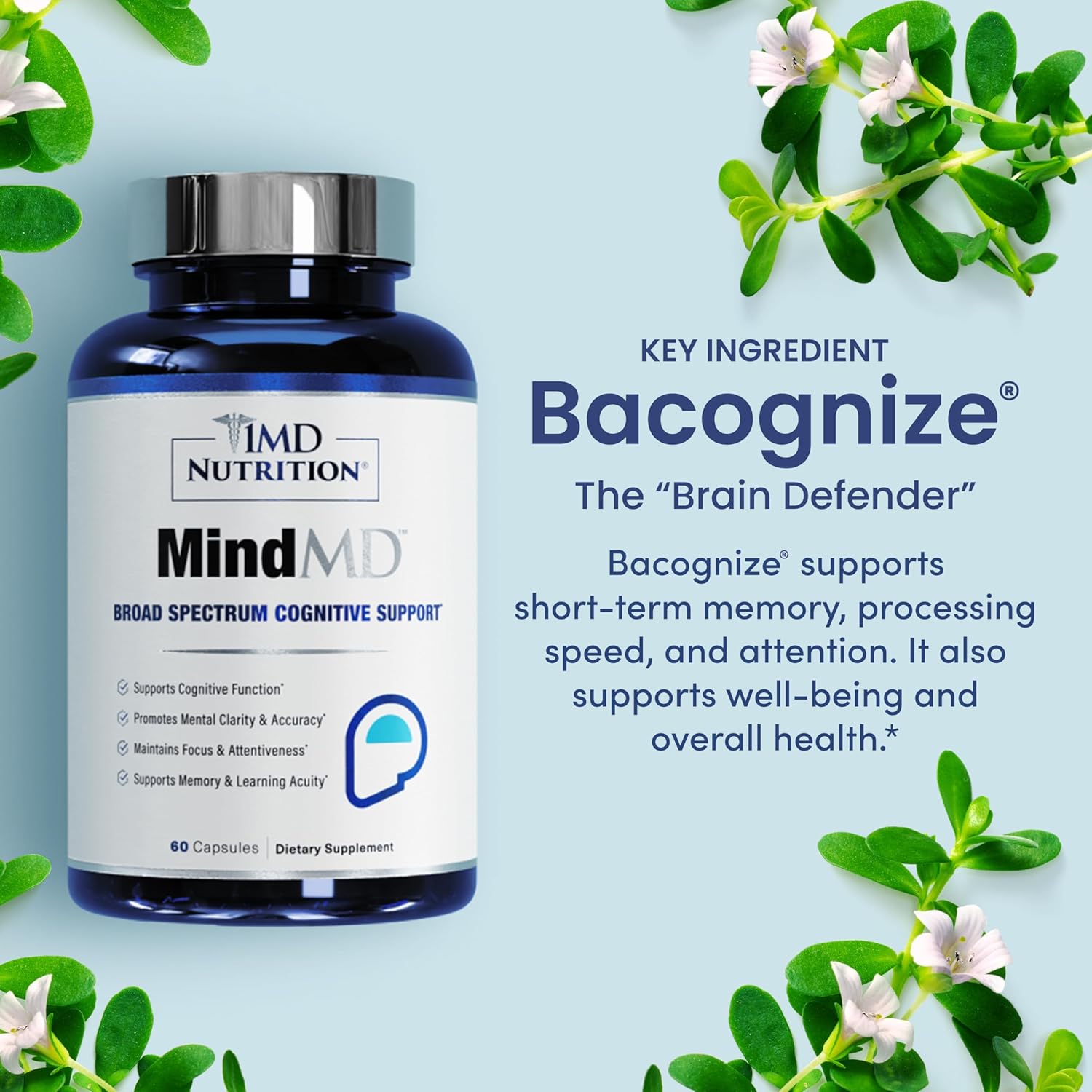 1MD Nutrition MindMD Brain Supplement with Bacopa Monnieri & Green Tea Extract for Memory, Focus, and Nootropic Brain Support - 60 Capsules