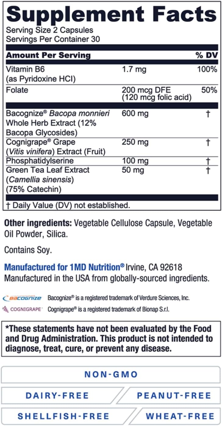 1MD Nutrition MindMD Brain Supplement with Bacopa Monnieri & Green Tea Extract for Memory, Focus, and Nootropic Brain Support - 60 Capsules