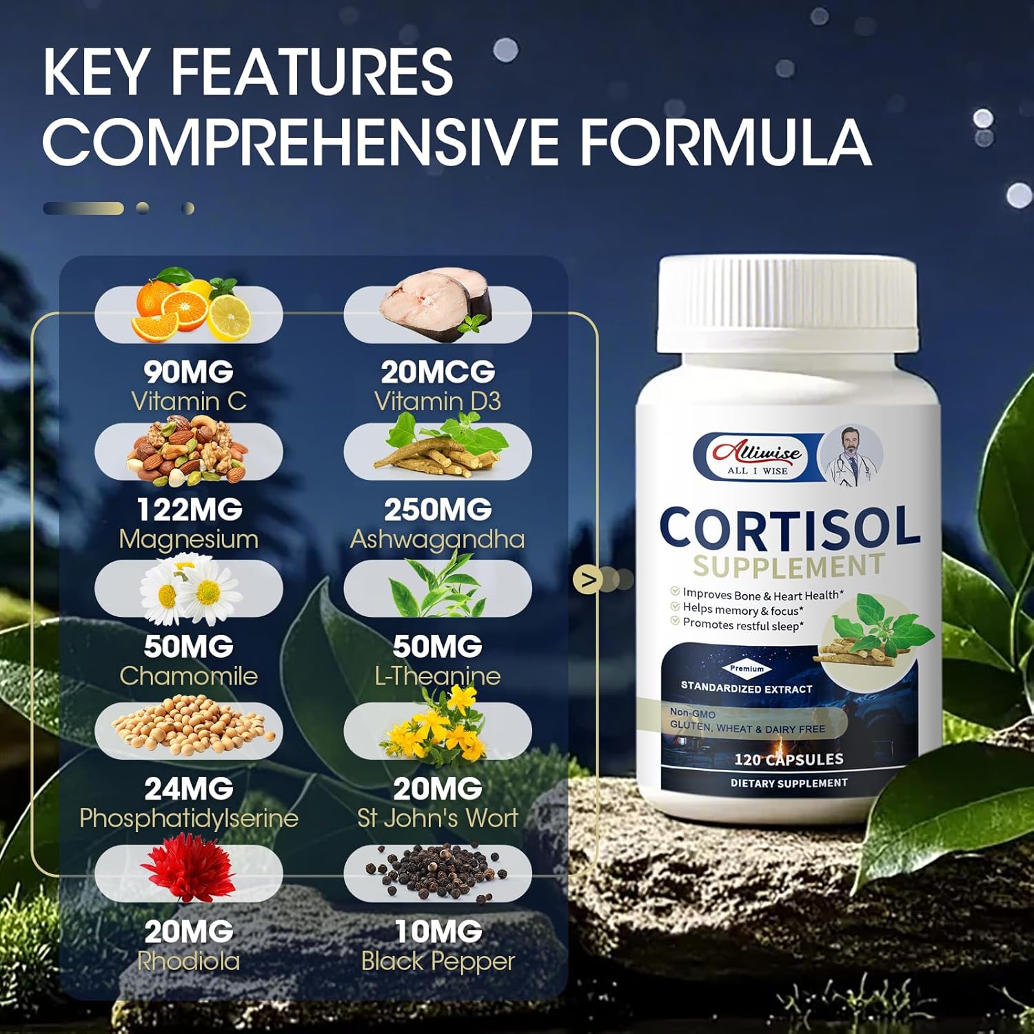 2-Pack Alliwise Cortisol Supplement for Women - 10-in-1 Reducer with Magnesium, Ashwagandha, Rhodiola, L-Theanine