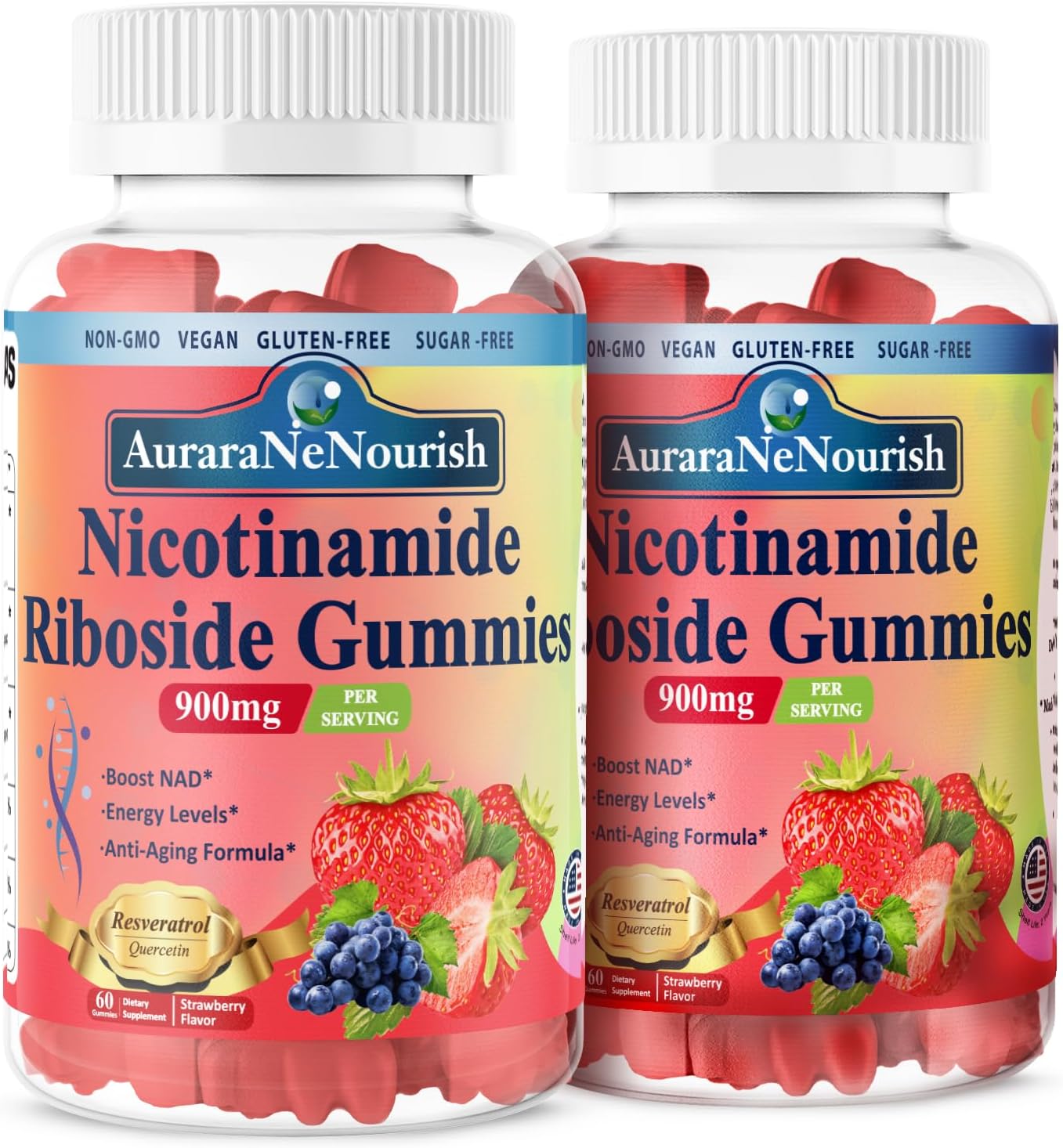 2 Pack AuraraNeNourish NAD Resveratrol Gummies with Quercetin, Collagen, Vitamin Support - Anti Aging, Energy Boost, Skin Improvement - Sugar Free Nicotinamide Riboside 900mg Supplement