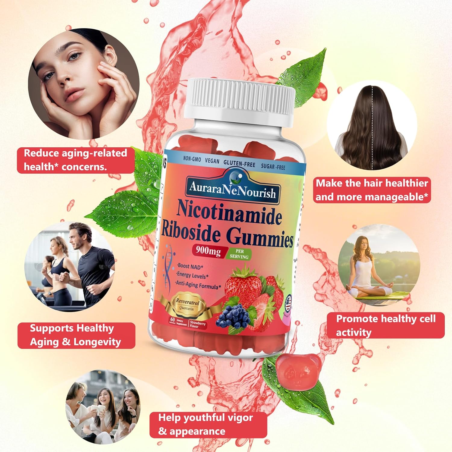 2 Pack AuraraNeNourish NAD Resveratrol Gummies with Quercetin, Collagen, Vitamin Support - Anti Aging, Energy Boost, Skin Improvement - Sugar Free Nicotinamide Riboside 900mg Supplement