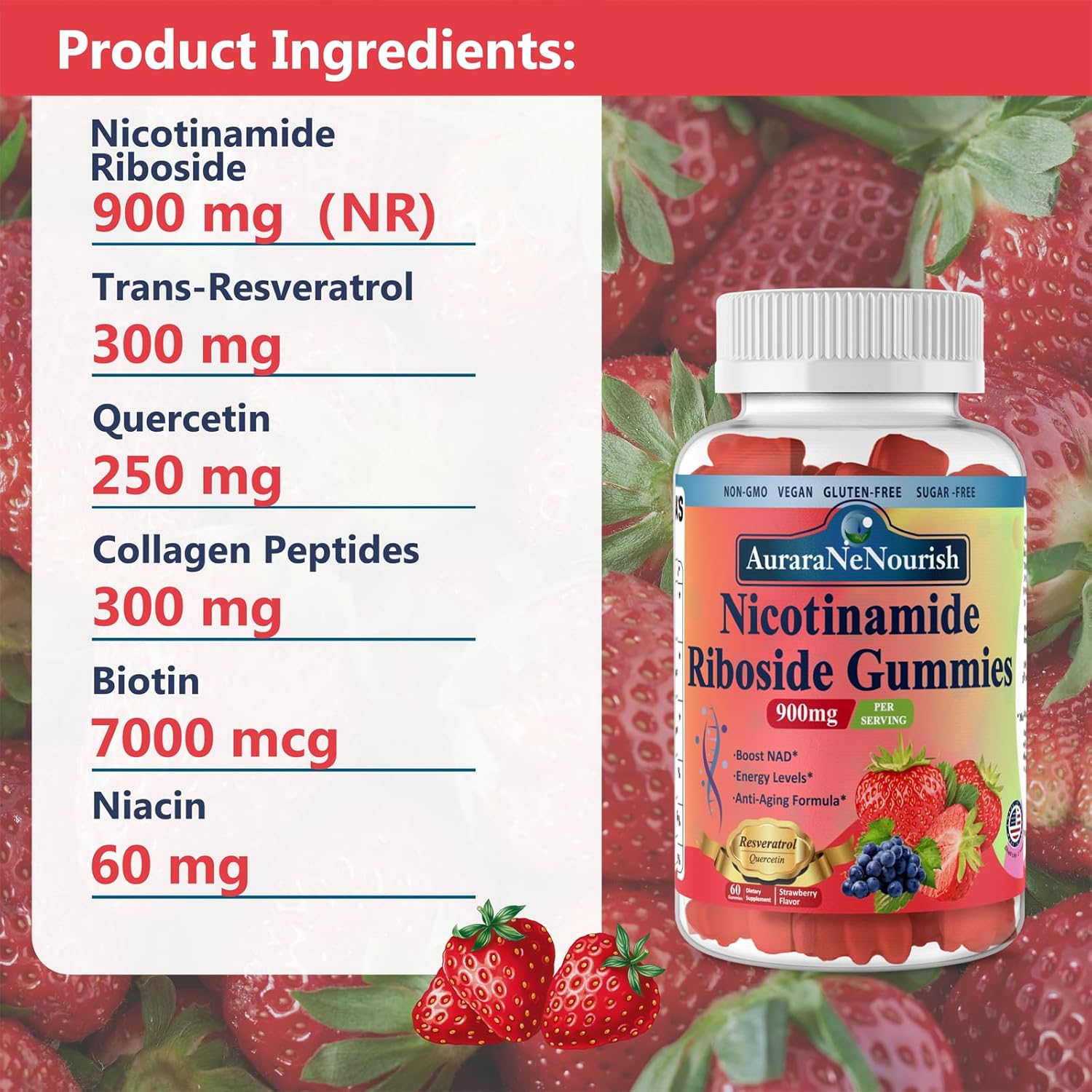 2 Pack AuraraNeNourish NAD Resveratrol Gummies with Quercetin, Collagen, Vitamin Support - Anti Aging, Energy Boost, Skin Improvement - Sugar Free Nicotinamide Riboside 900mg Supplement