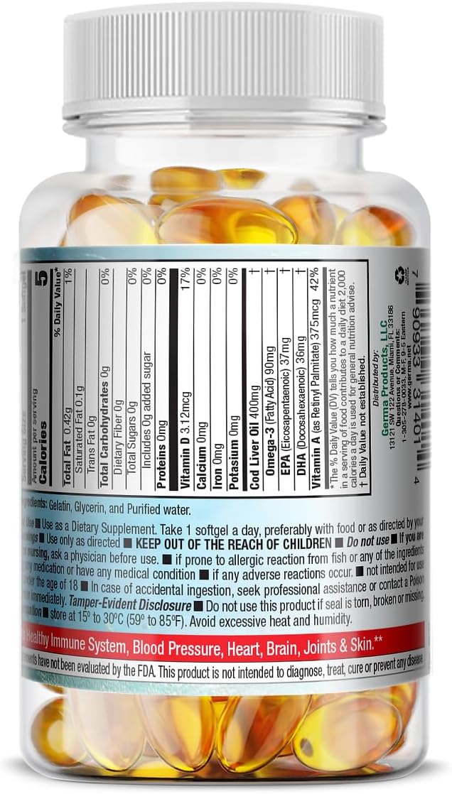 2-Pack Cod Liver Oil Capsules 200 Softgels Total, Pure Norwegian Aceite De Higado De Bacalao, GERMA