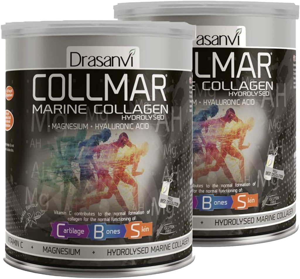2 Pack Drasanvi Collmar Hydrolyzed Marine Collagen with Magnesium Powder 300g Vanilla Flavor - Spanish Supplements for Healthy Skin, Cartilage, and Bones - Reduce Fatigue & Tiredness