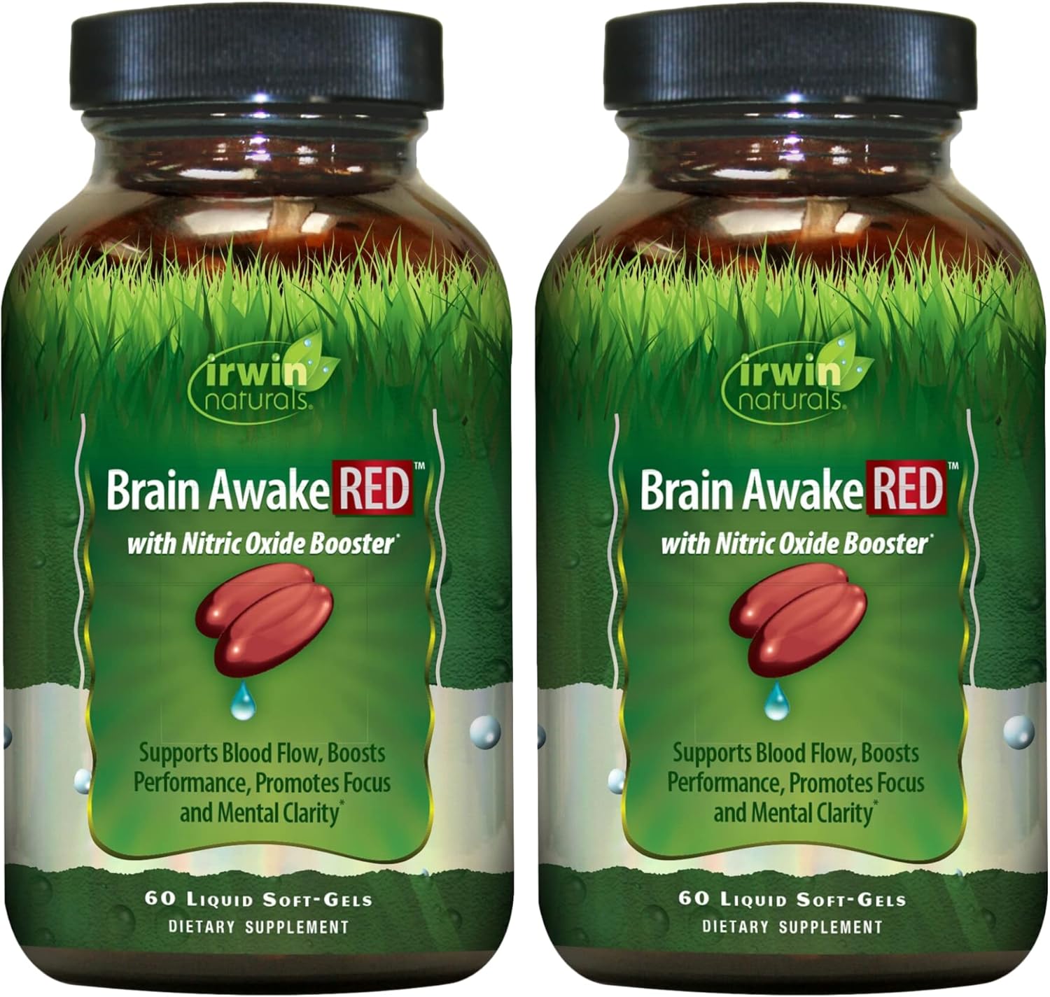 2-Pack Irwin Naturals Brain Awake RED Liquid Soft-Gels with Nitric Oxide Booster - 60 Softgels - Enhance Brain Health and Performance
