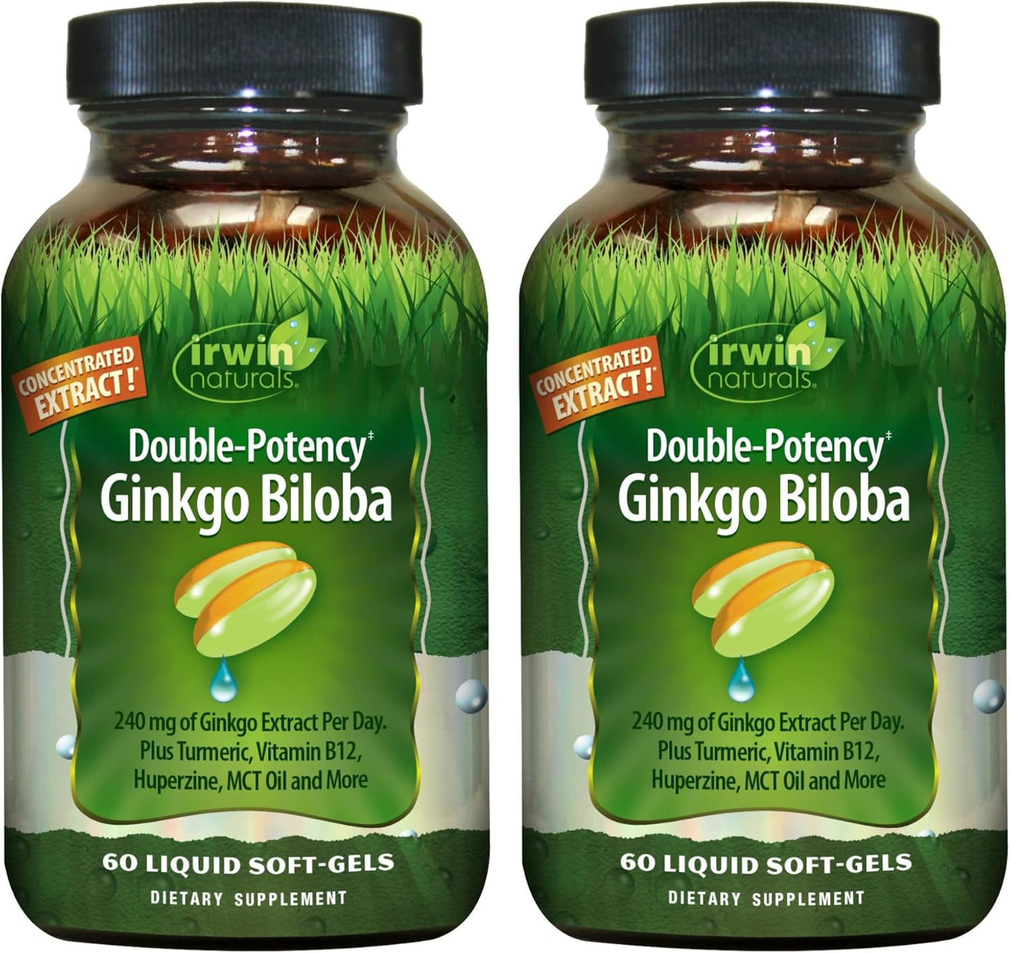 2-Pack Irwin Naturals Ginkgo Biloba Liquid Soft-Gels - Double Potency for Brain Health - 30 Servings
