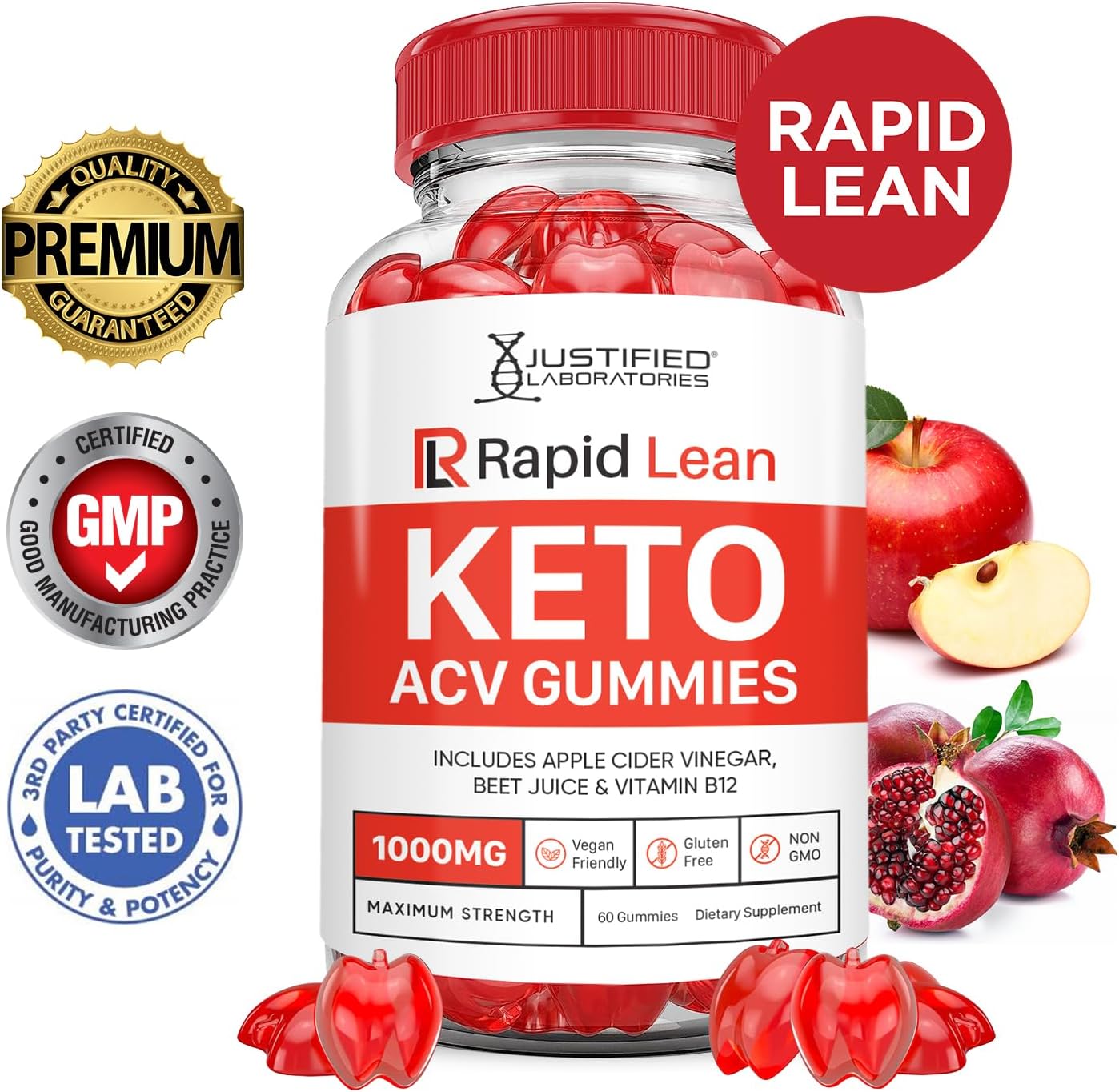 2-Pack Justified Laboratories Rapid Lean Keto ACV Gummies 1000MG - Apple Cider Vinegar with Pomegranate Beet Juice Powder - B12 Vegan Non GMO - 120 Gummies