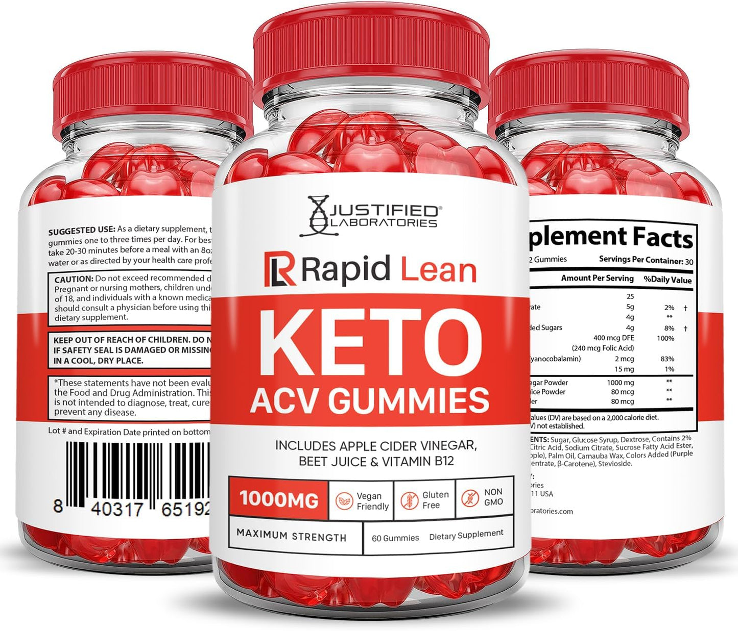 2-Pack Justified Laboratories Rapid Lean Keto ACV Gummies 1000MG - Apple Cider Vinegar with Pomegranate Beet Juice Powder - B12 Vegan Non GMO - 120 Gummies