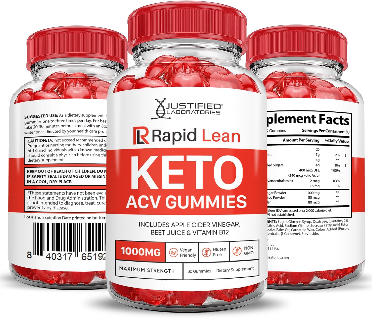 2-Pack Justified Laboratories Rapid Lean Keto ACV Gummies 1000MG - Apple Cider Vinegar with Pomegranate Beet Juice Powder - B12 Vegan Non GMO - 120 Gummies