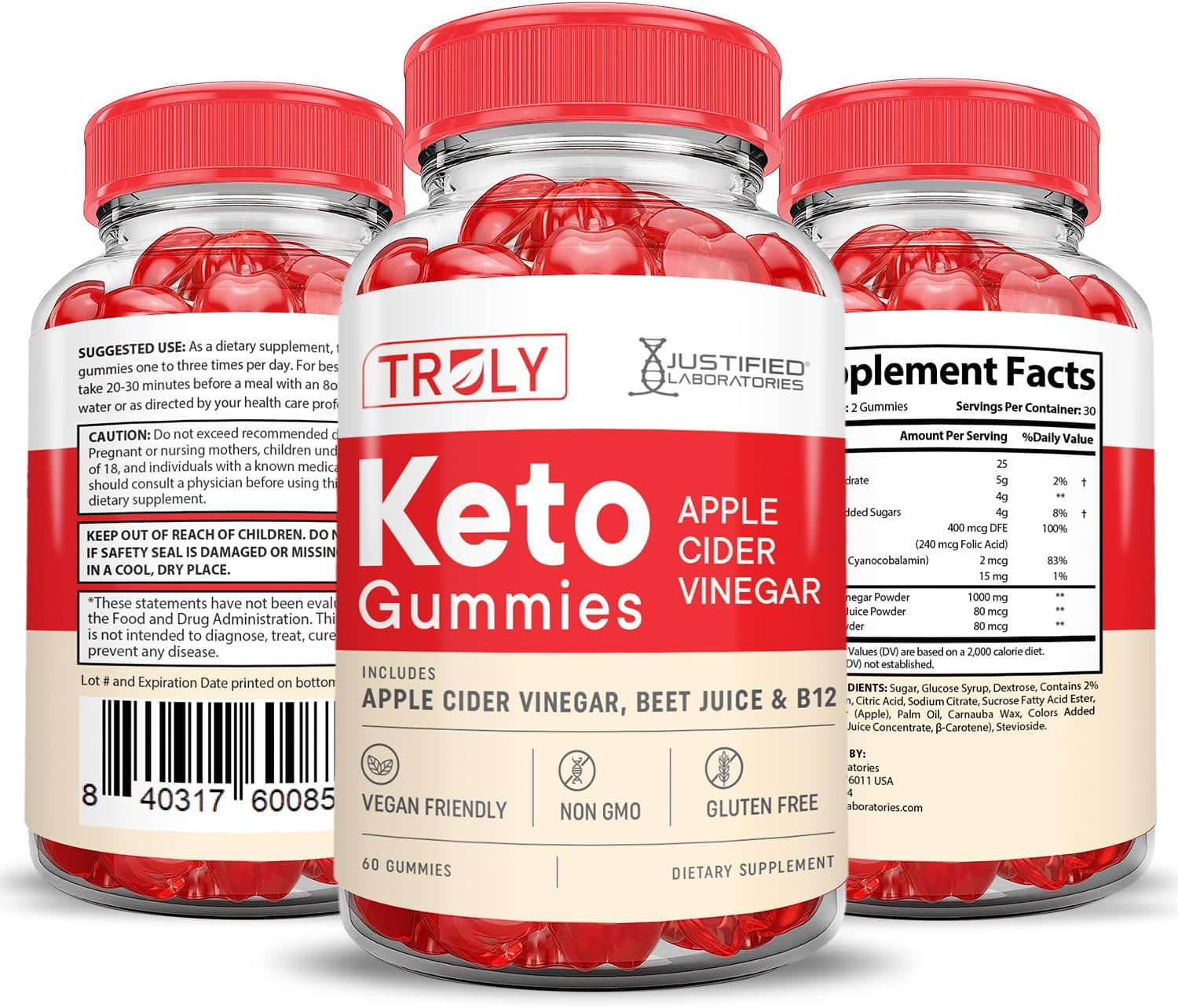 2-Pack Justified Laboratories Truly Keto ACV Gummies - 1000MG Advanced Formula with Pomegranate Beet Juice Powder - B12 Vegan Non-GMO - 120 Gummys