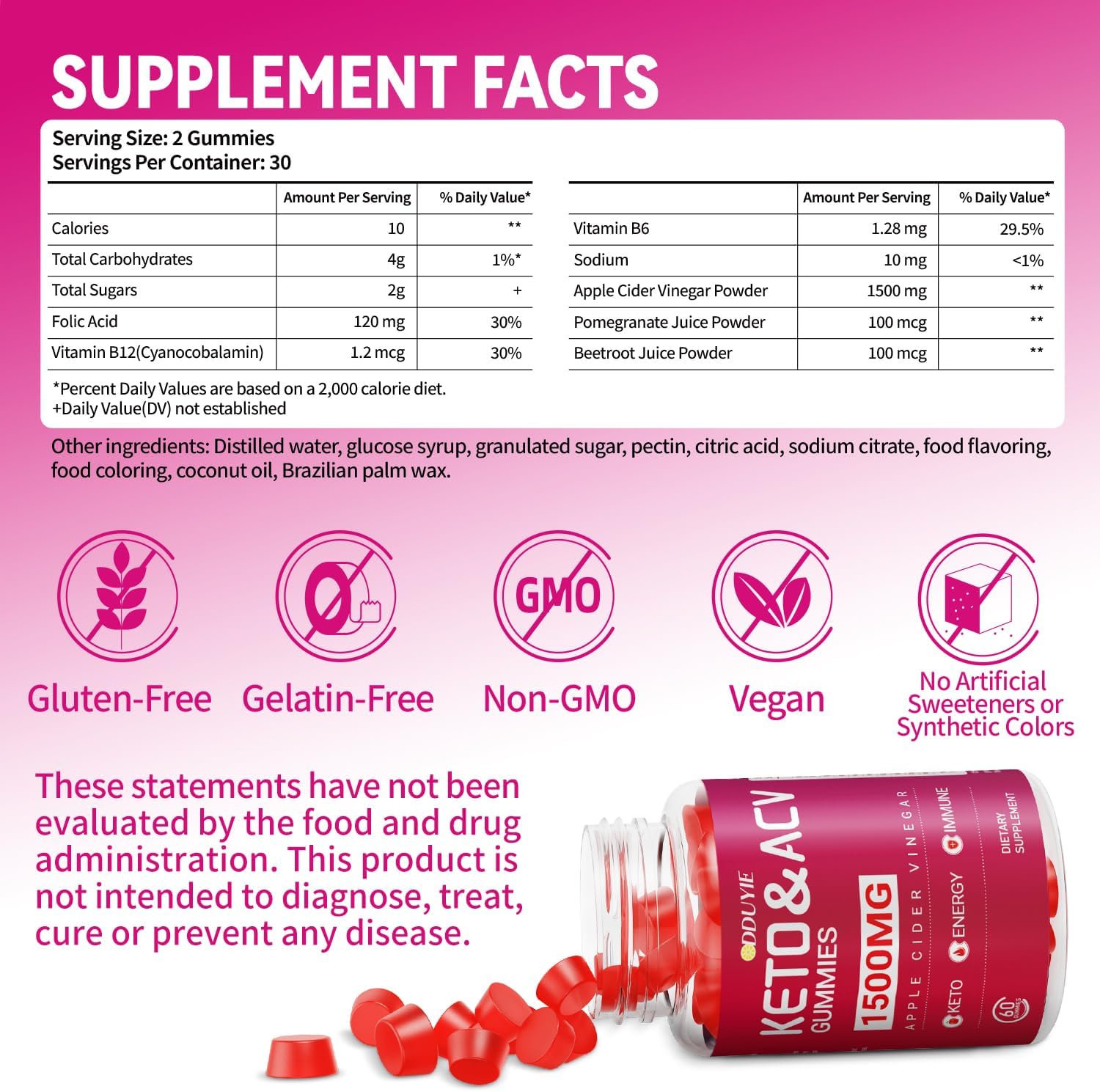 2 Pack Keto ACV Gummies 1500mg with B12 & B6 - Apple Cider Vinegar Supplements for Cravings Support - Non-GMO, Gluten-Free - 120 Count