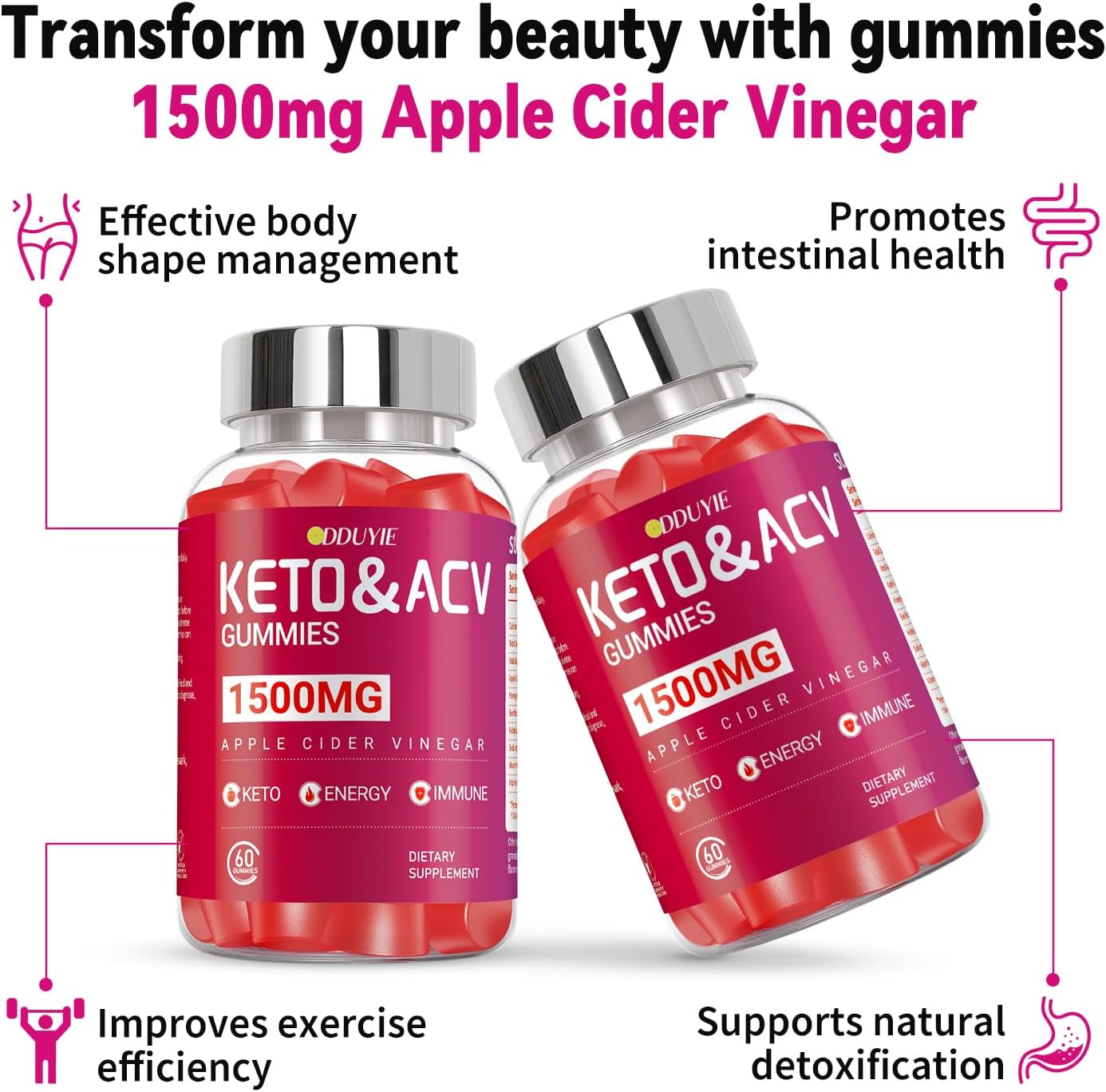 2 Pack Keto ACV Gummies 1500mg with B12 & B6 - Apple Cider Vinegar Supplements for Cravings Support - Non-GMO, Gluten-Free - 120 Count