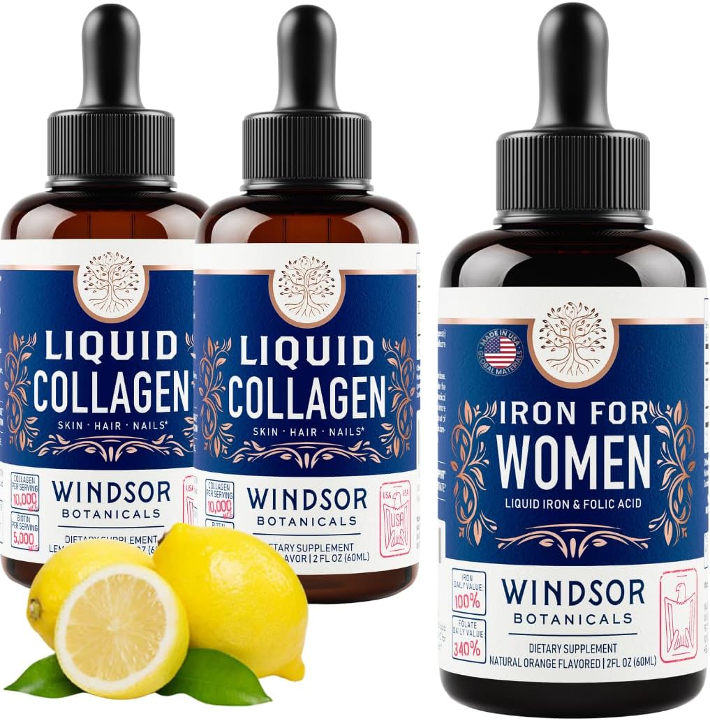 2-Pack Liquid Collagen and Iron Bundle for Women's Beauty and Wellness by WINDSOR BOTANICALS