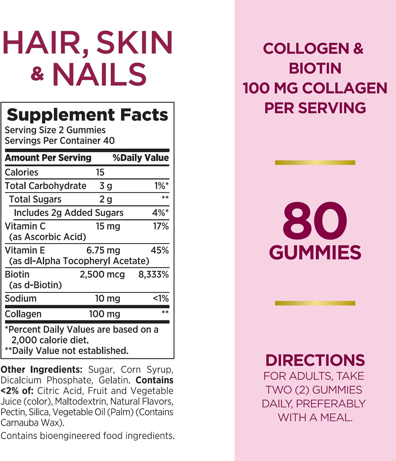 2 Pack Nature's Bounty Hair Skin Nails Gummies with Biotin & Collagen, Citrus Flavor - 80 Ct Each - 5000 mcg - Vitamin Supplement