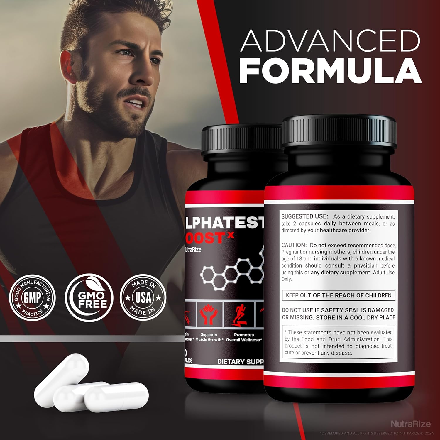 2 Pack NutraRize Alpha Testo Boost X Pills - Official All-Natural Formula for Muscle Health & Performance Support - 120 Capsules