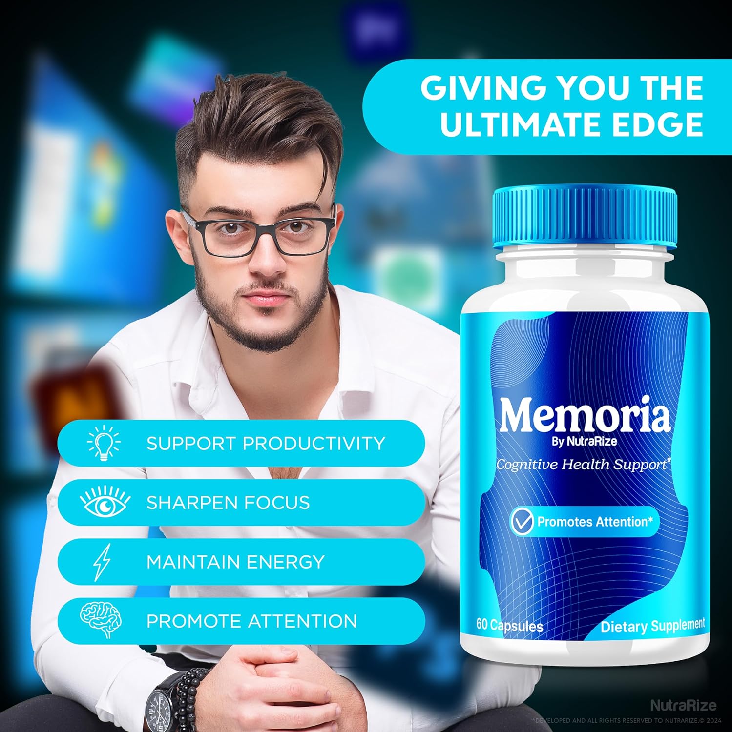 2-Pack NutraRize Memoria Capsules - Premium All Natural Supplement for Cognitive Health & Focus - Official Formula for Memory Boost - 120 Capsules