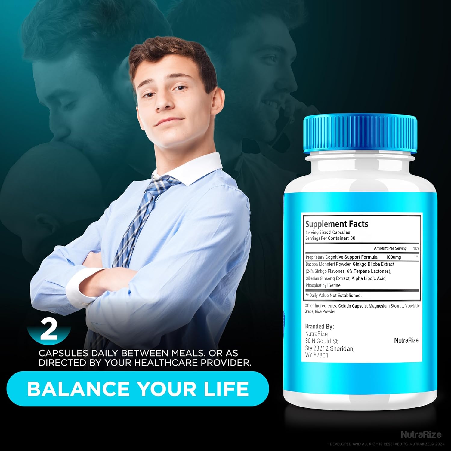 2-Pack NutraRize Memoria Capsules - Premium All Natural Supplement for Cognitive Health & Focus - Official Formula for Memory Boost - 120 Capsules