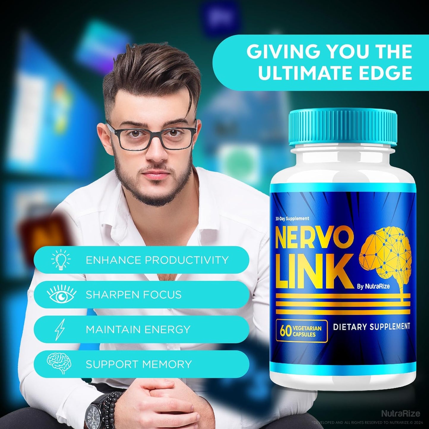 2 Pack NutraRize NervoLink Supplement - Memory Support Capsules for Cognitive Health - Reduce Brain Fog - 120 Capsules