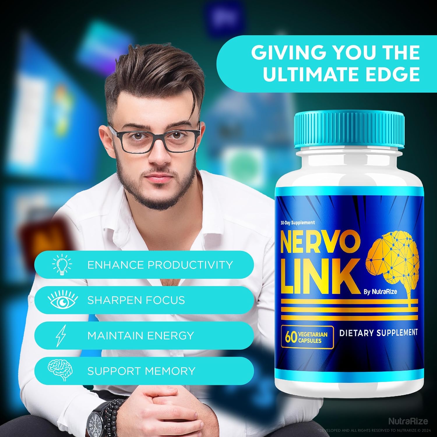 2 Pack NutraRize NervoLink Supplement - Memory Support Capsules for Cognitive Health - Reduce Brain Fog - 120 Capsules