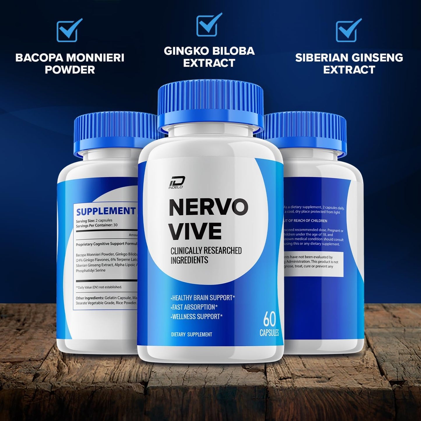 2 Pack of Indelo Nervo Vive Brain Supplement Capsules - All-Natural Maximum Strength Formula for Memory and Focus Support - 120 Capsules