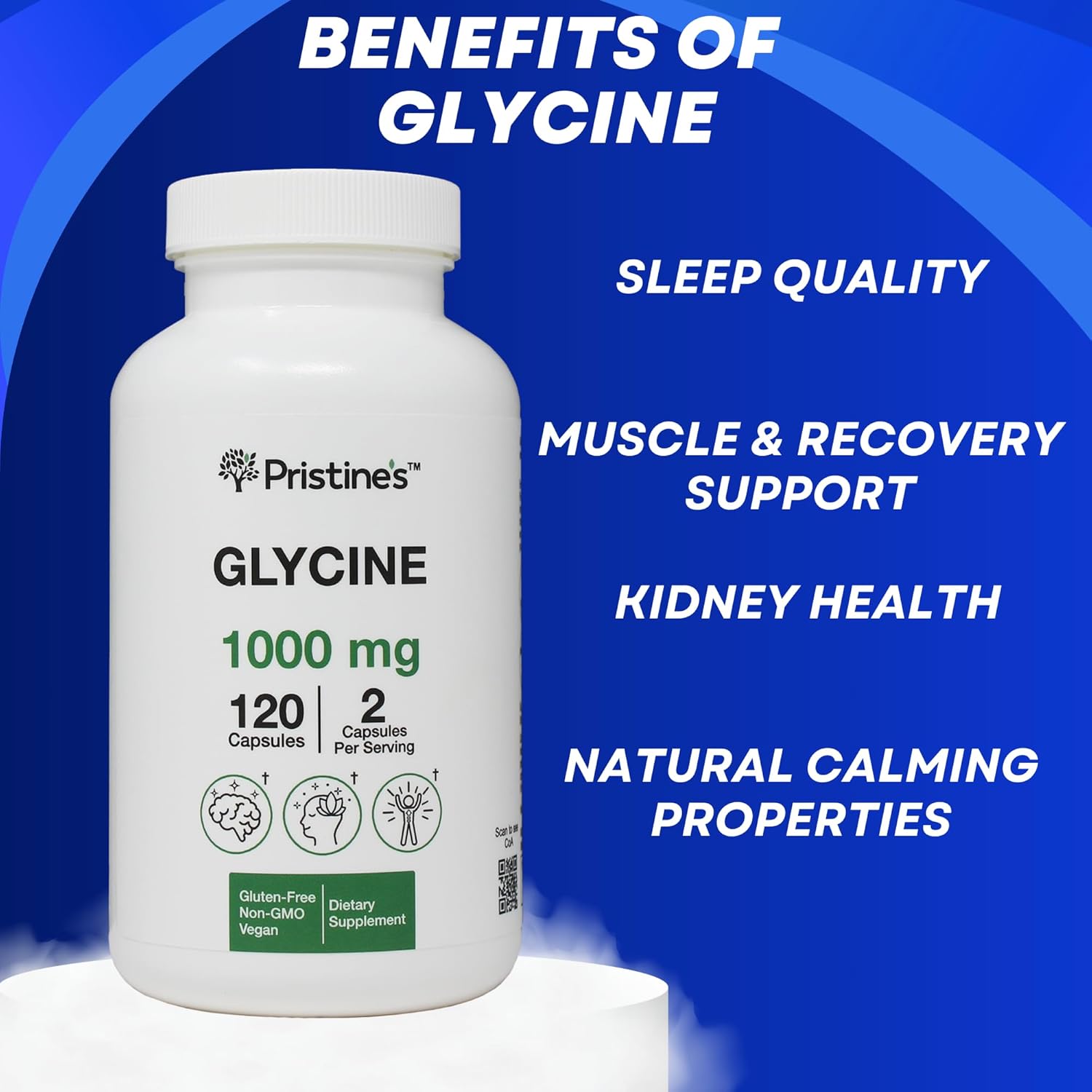 2 Pack of PRISTINE Glycine 1000MG Amino Acid Sleep Support Capsules - Muscle Recovery, Collagen & Kidney Supplement - Vegan, Non GMO, Gluten Free - 120 Day Supply