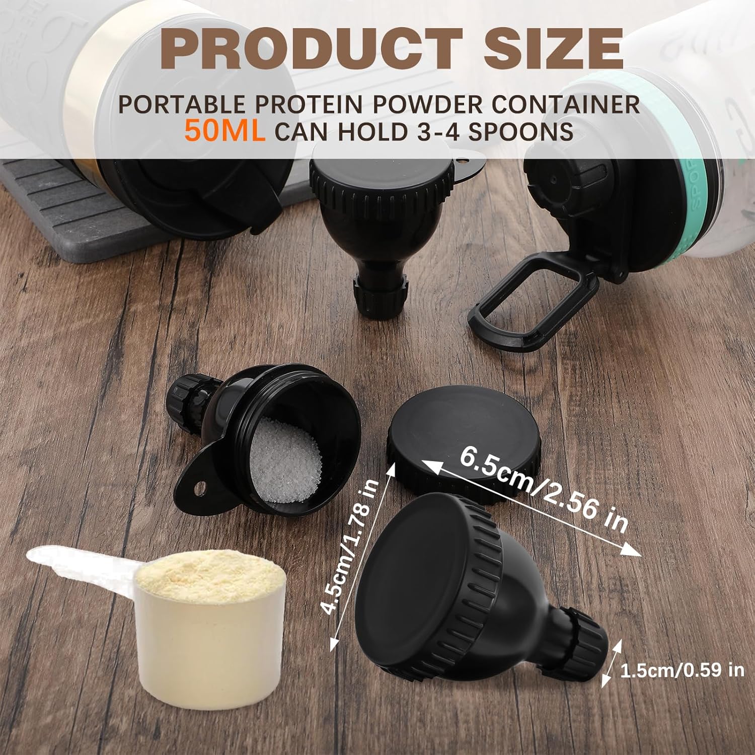 2 Pack Portable Protein Powder Funnel Travel Container Set with Keychain - Black Color, Ideal for Mixing Powder in Water Bottles on the Go