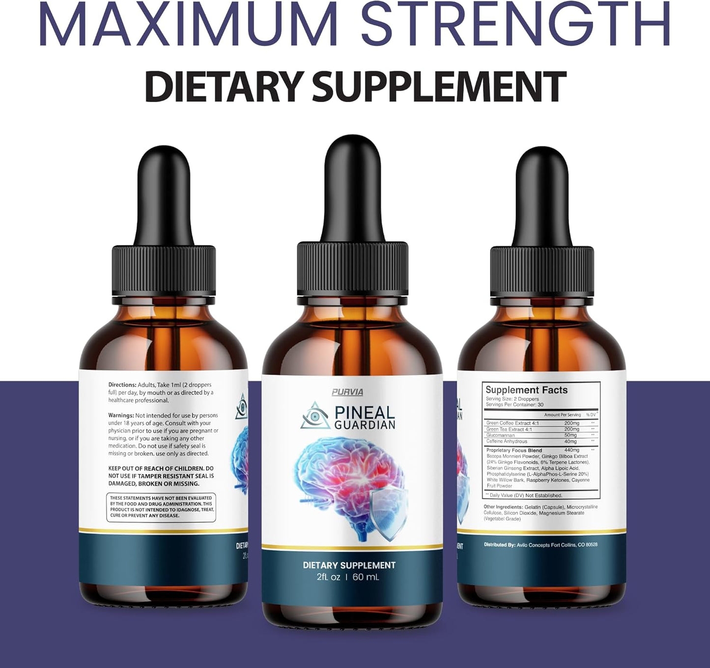 2 Pack Purvia Pineal Guardian Liquid Drops for Memory & Brain Wellness - Advanced Strength Formula - Made in USA
