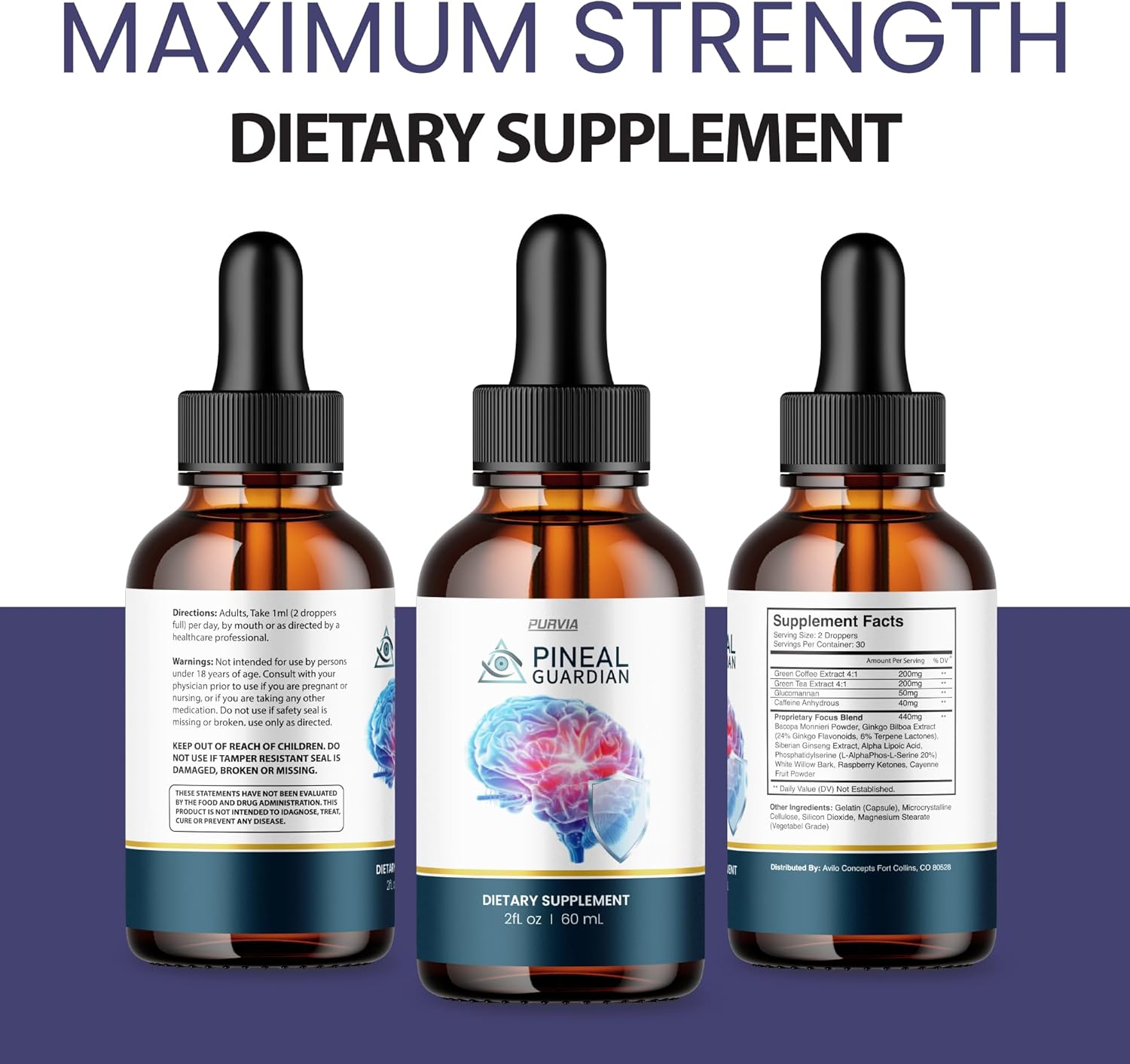 2 Pack Purvia Pineal Guardian Liquid Drops for Memory & Brain Wellness - Advanced Strength Formula - Made in USA