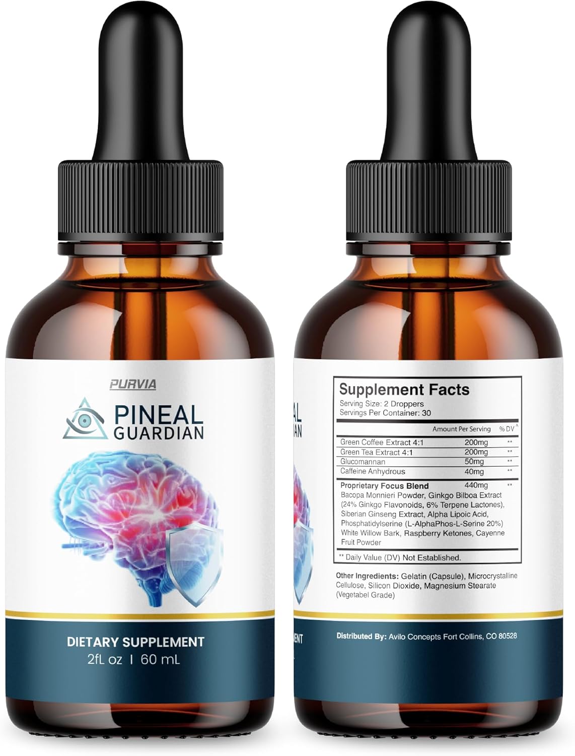2 Pack Purvia Pineal Guardian Liquid Drops for Memory & Brain Wellness - Advanced Strength Formula - Made in USA