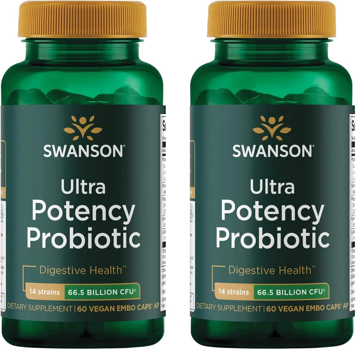 2 Pack Swanson Ultra Potency Probiotic with 66 Billion CFU, Prebiotic NutraFlora, 60 Veggie Capsules - Digestive & Immune Support
