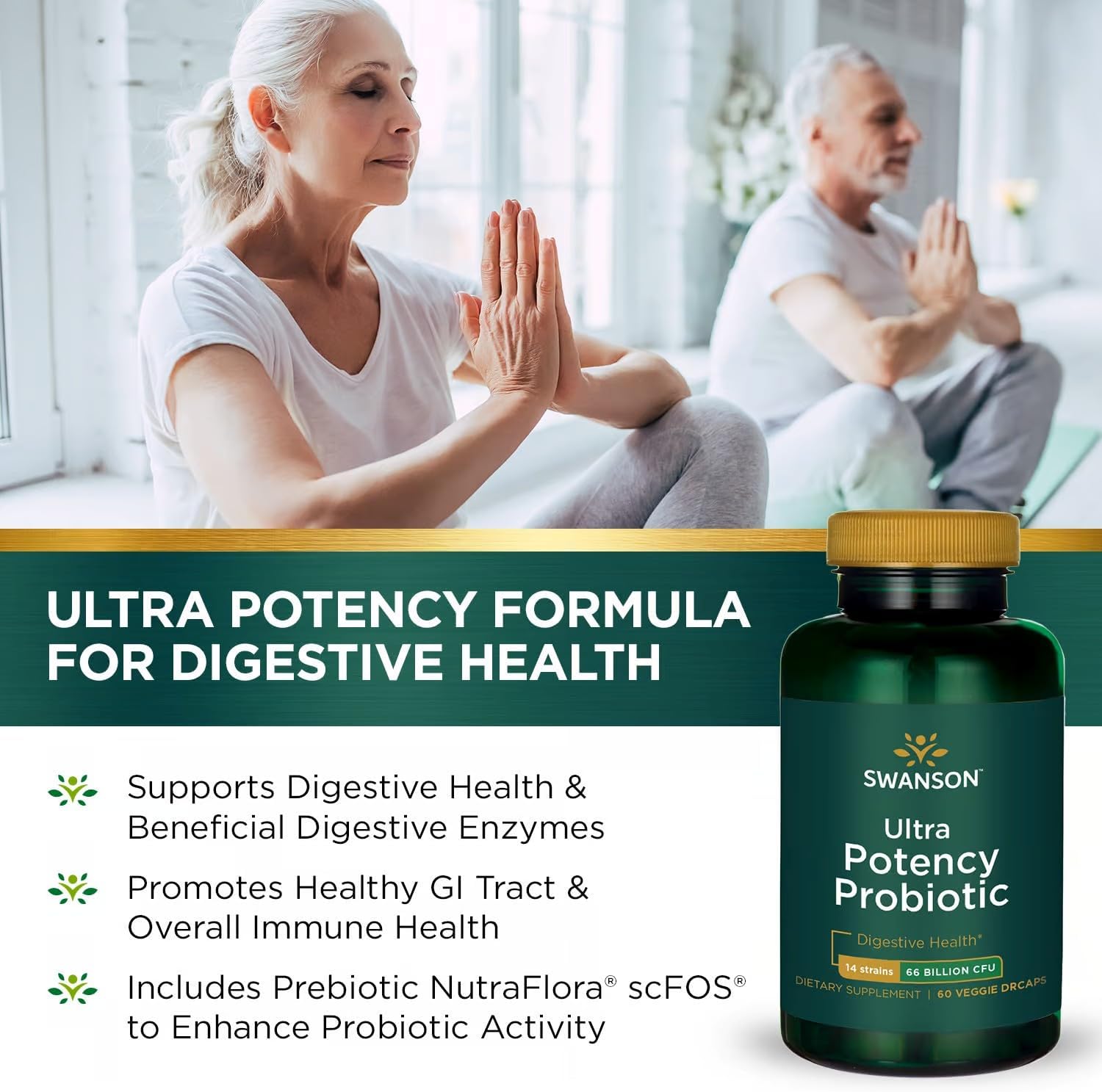 2 Pack Swanson Ultra Potency Probiotic with 66 Billion CFU, Prebiotic NutraFlora, 60 Veggie Capsules - Digestive & Immune Support