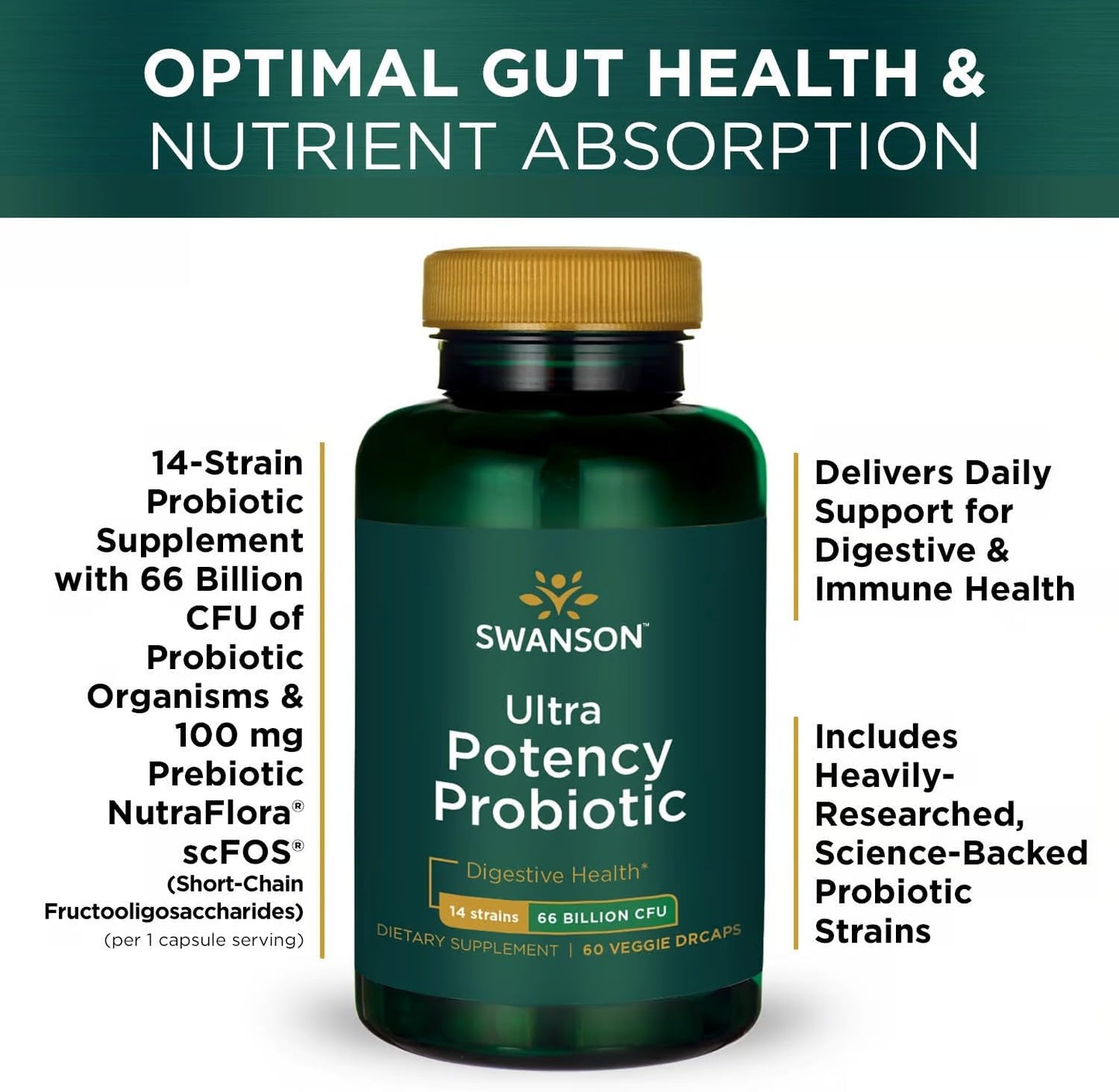 2 Pack Swanson Ultra Potency Probiotic with 66 Billion CFU, Prebiotic NutraFlora, 60 Veggie Capsules - Digestive & Immune Support
