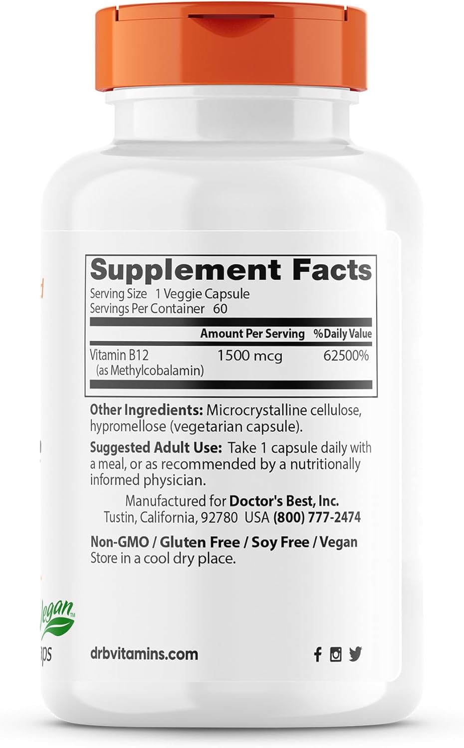 2 Packs of Doctor's BEST Fully Active B12 1500 mcg - Non-GMO, Vegan, Gluten Free - Supports Memory, Mood, Circulation - 60 Count