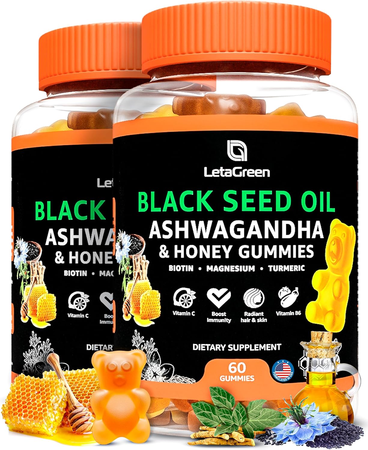 2 Packs of LetaGreen Black Seed Oil Gummies with Ashwagandha Extract - 120 Bears for Immune Support & Keto Detox - Chewable Gummies for Adults