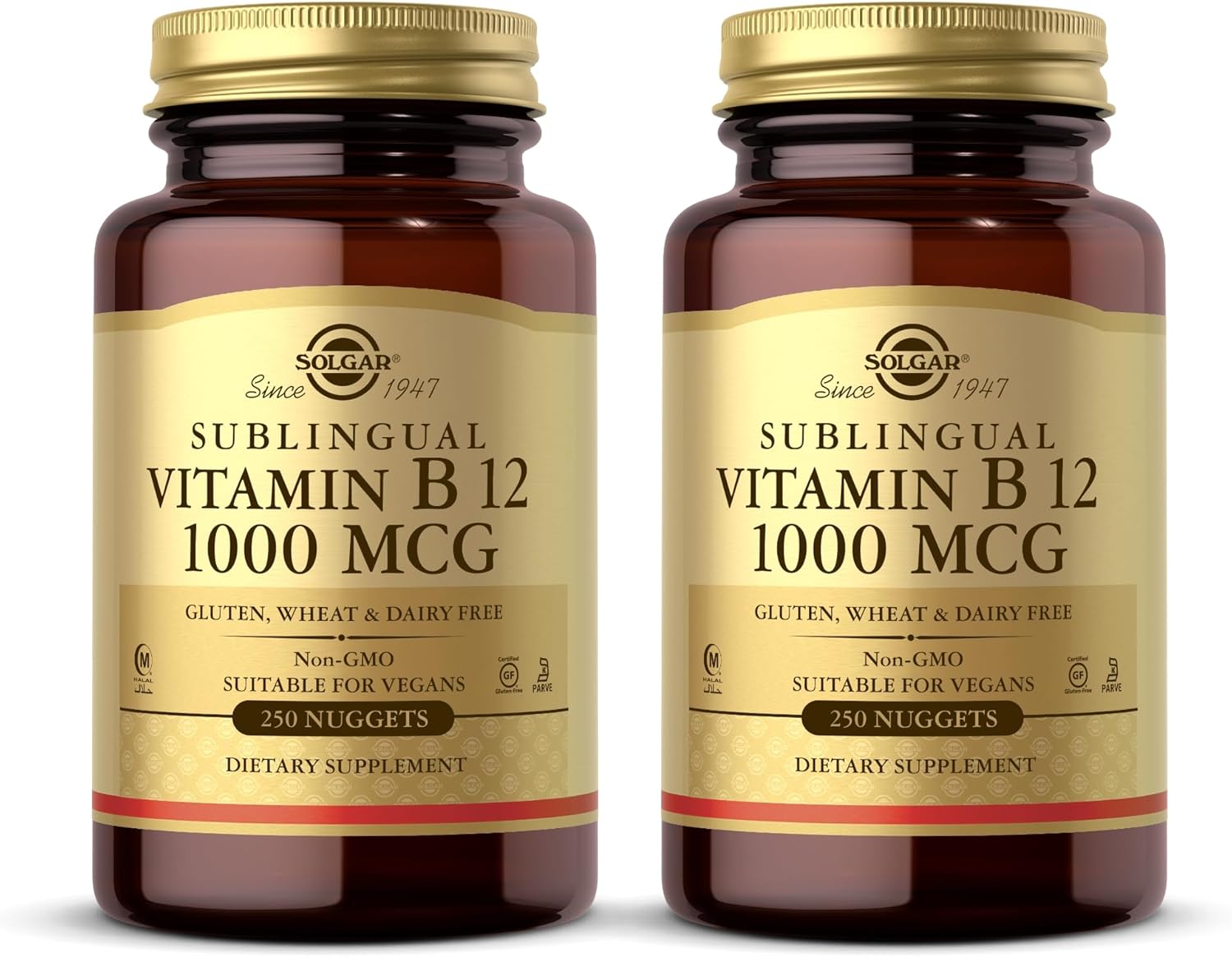 2 Packs of SOLGAR Sublingual Vitamin B12 1000 mcg - 500 Servings - Non-GMO, Vegan, Gluten Free, Dairy Free, Kosher, Halal