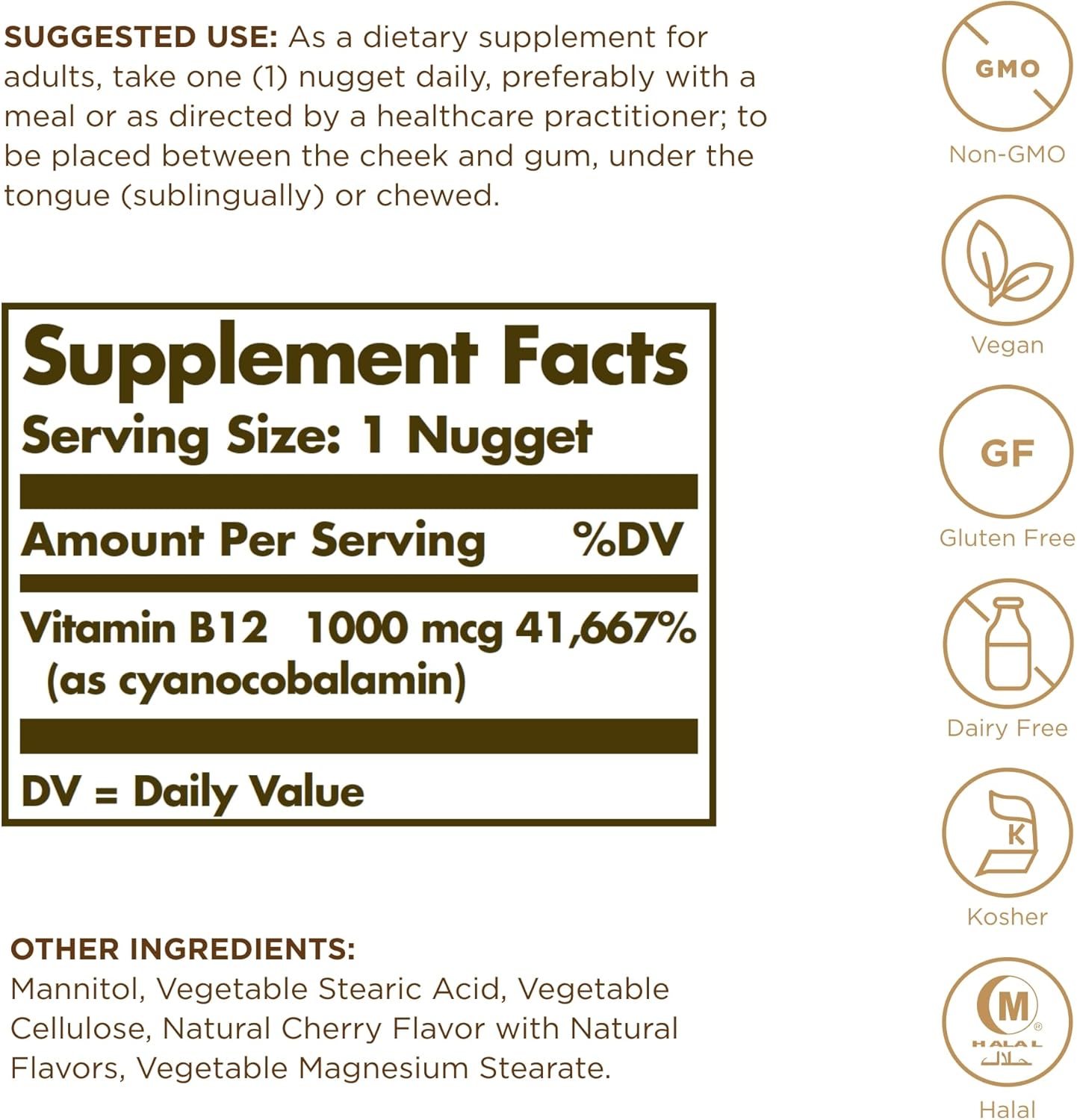2 Packs of SOLGAR Sublingual Vitamin B12 1000 mcg - 500 Servings - Non-GMO, Vegan, Gluten Free, Dairy Free, Kosher, Halal