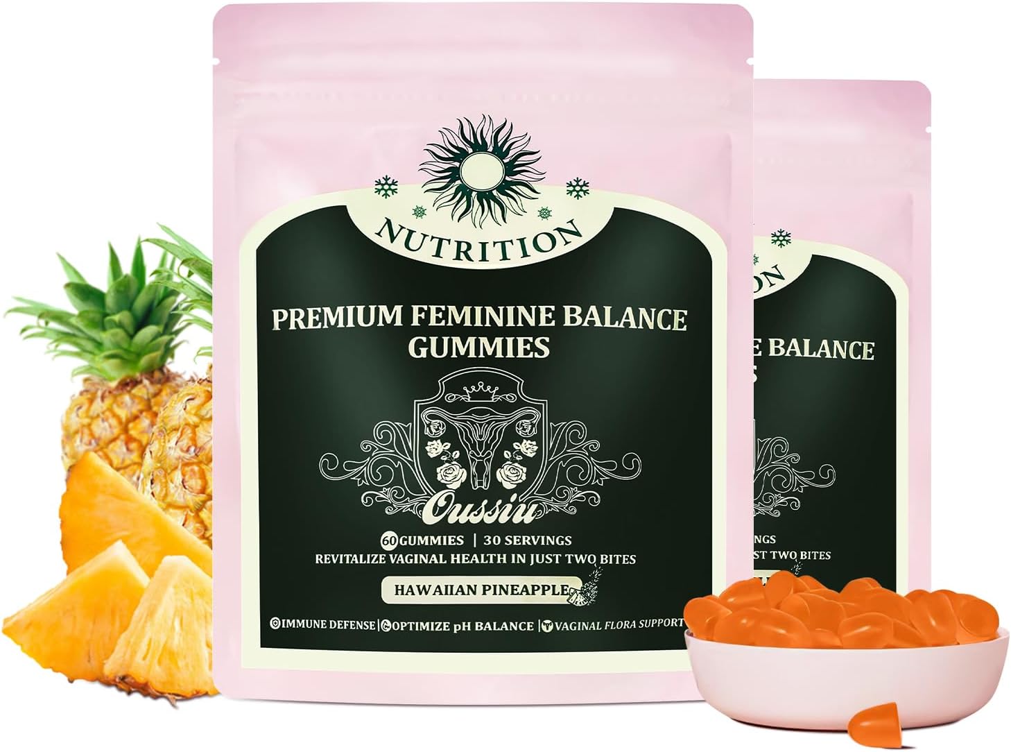 2 Packs of Taeci Premium Feminine Balance Gummies - Hawaiian Pineapple Flavor, Promotes Women's Health, Vitality, and Gut Health (120 Gummies Total)