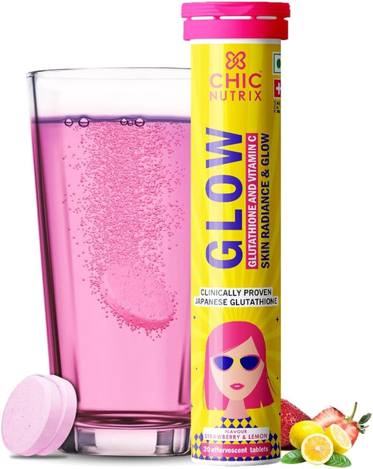 20 Japanese Glutathione & Vitamin C Effervescent Tablets for Clear, Glowing Skin - Sugar-Free Strawberry-Lemon Flavor