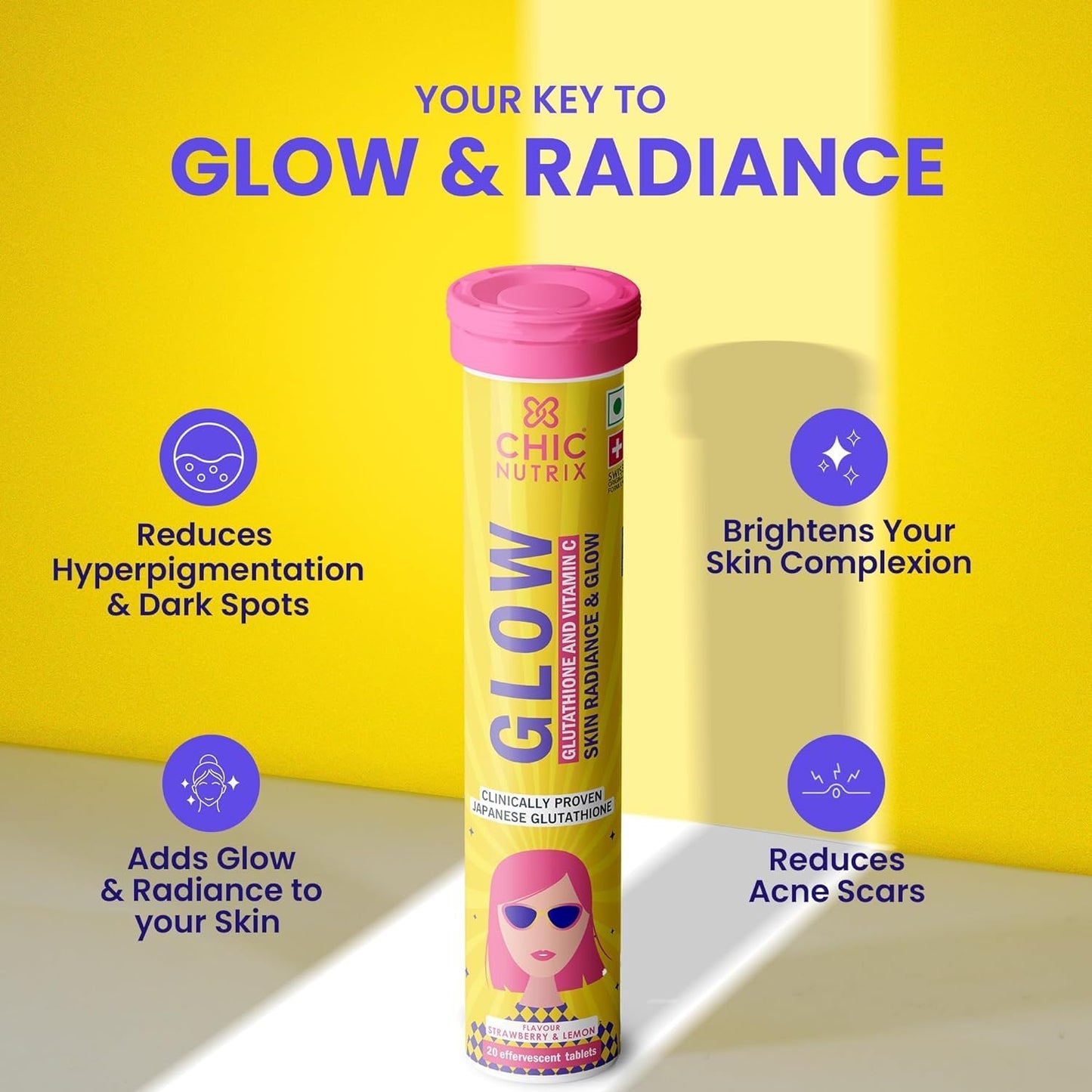 20 Japanese Glutathione & Vitamin C Effervescent Tablets for Clear, Glowing Skin - Sugar-Free Strawberry-Lemon Flavor