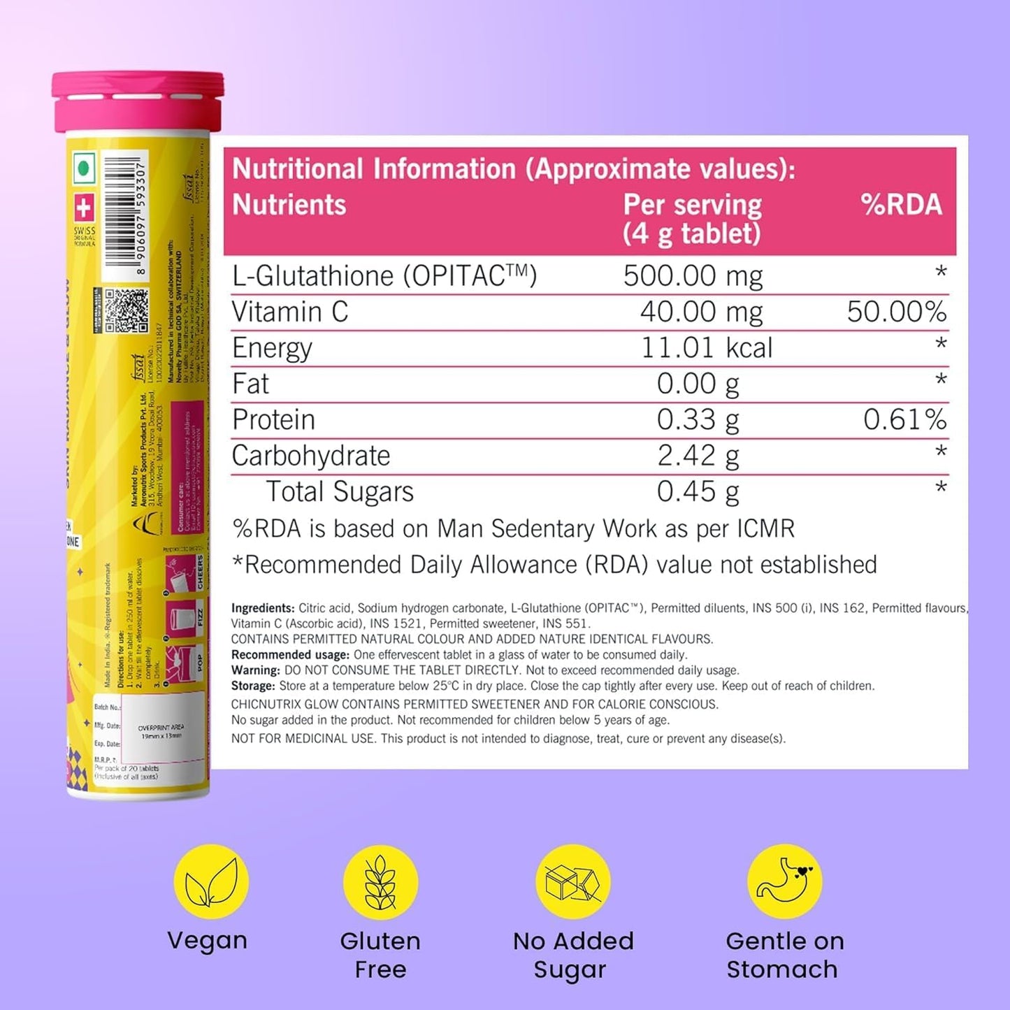 20 Japanese Glutathione & Vitamin C Effervescent Tablets for Clear, Glowing Skin - Sugar-Free Strawberry-Lemon Flavor