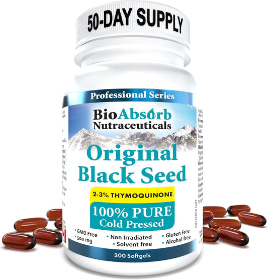200 Cold Pressed Black Seed Oil Capsules for Maximum Absorption - 500mg, 50-Day Supply - No Aftertaste