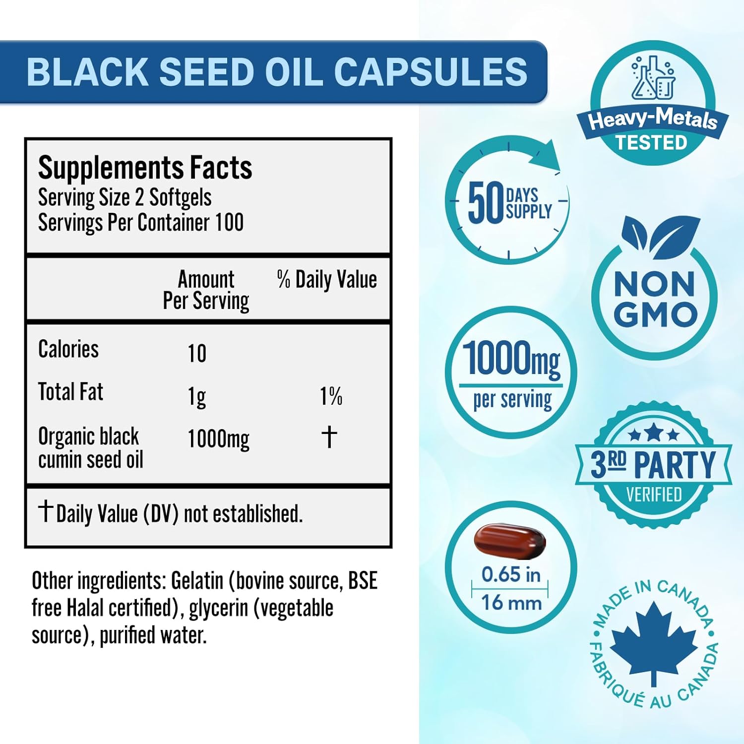 200 Cold Pressed Black Seed Oil Capsules for Maximum Absorption - 500mg, 50-Day Supply - No Aftertaste