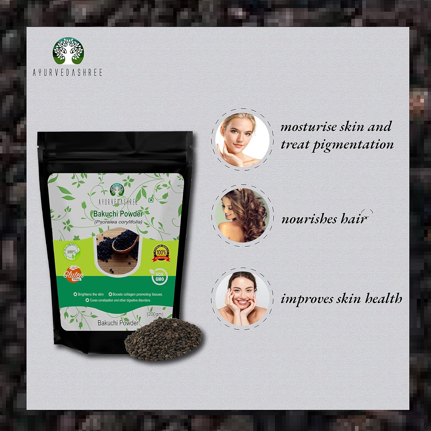 200 Gm AYURVEDASHREE Bakuchi Powder | Psoralea corylifolia Seeds Powder | Babchi for Skin Care | Promotes Even Skin Tone, Reduces White Spots, Strengthens Bones