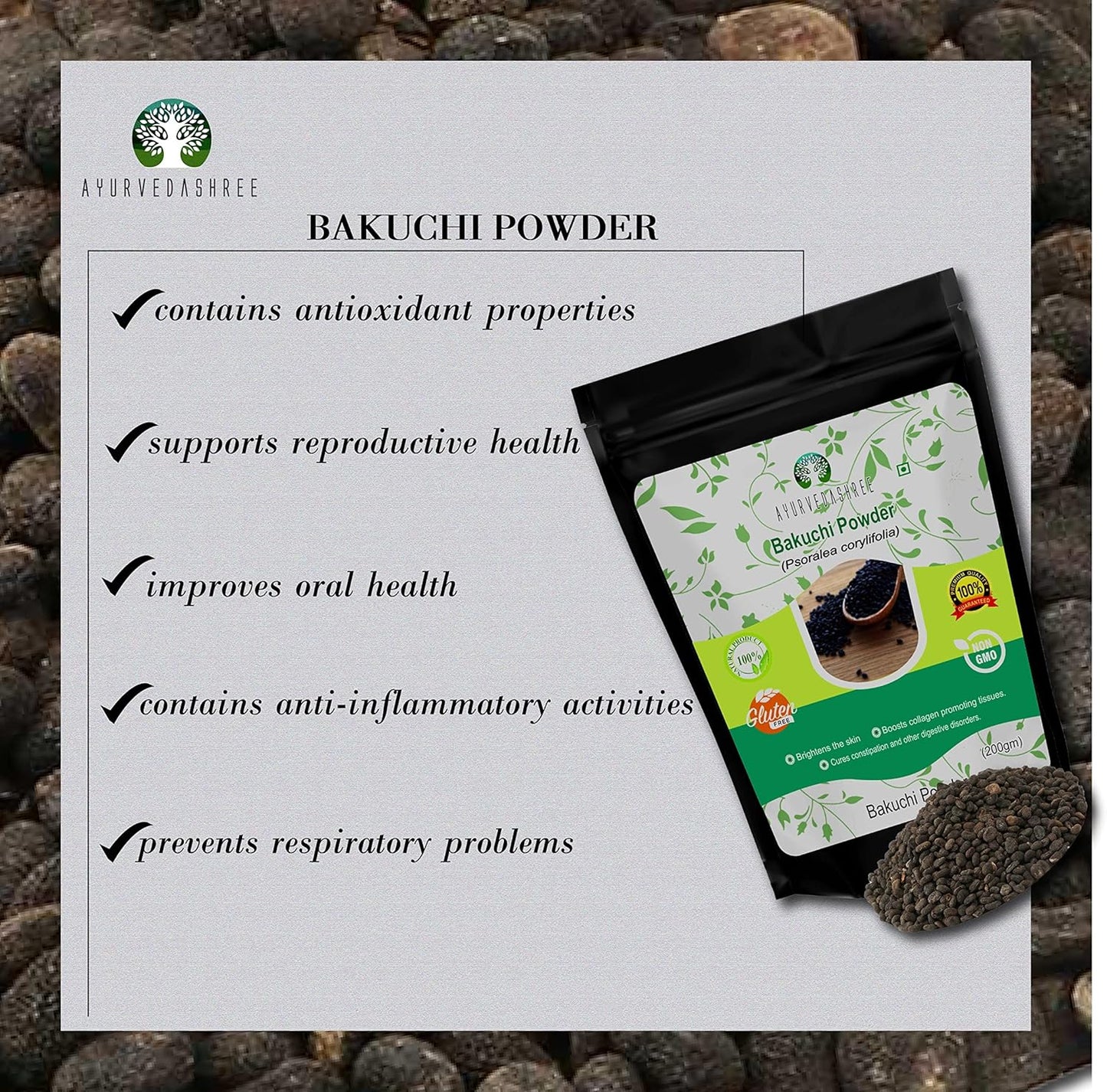200 Gm AYURVEDASHREE Bakuchi Powder | Psoralea corylifolia Seeds Powder | Babchi for Skin Care | Promotes Even Skin Tone, Reduces White Spots, Strengthens Bones