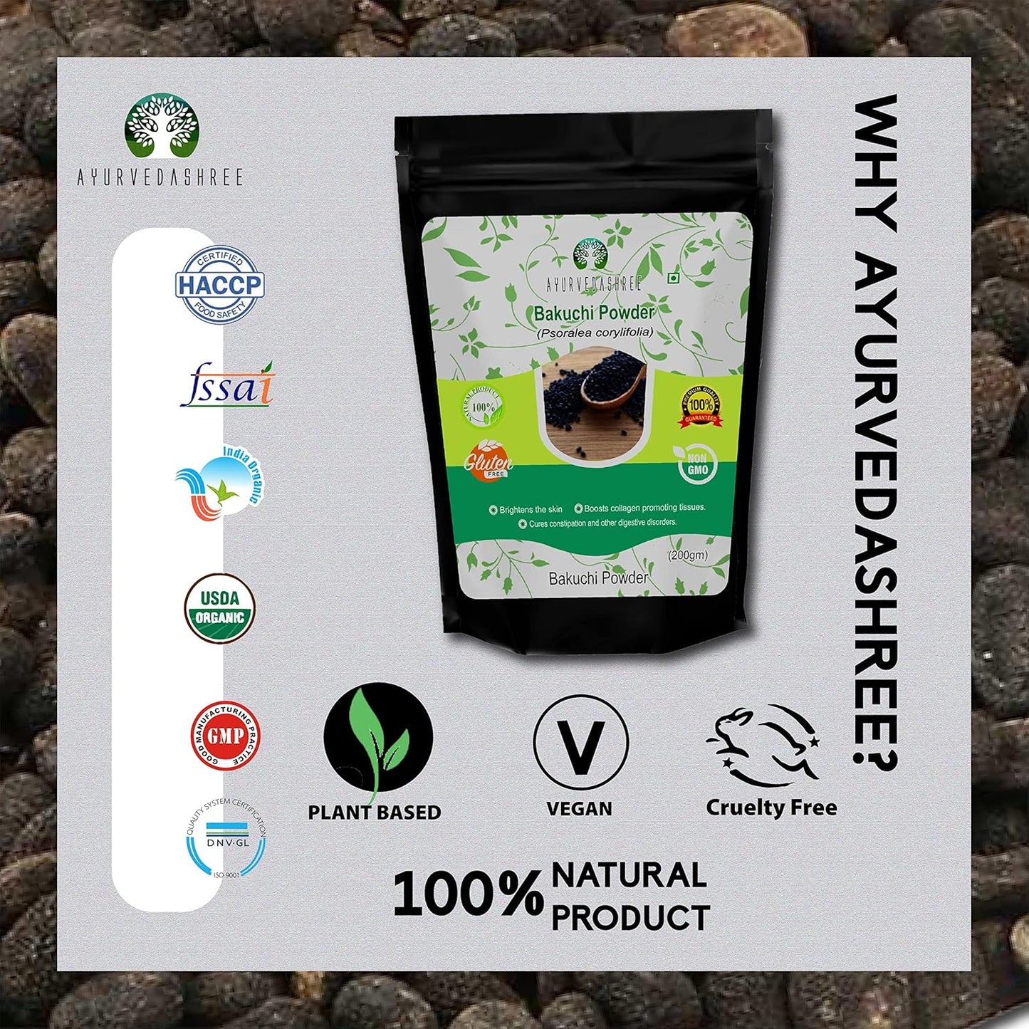 200 Gm AYURVEDASHREE Bakuchi Powder | Psoralea corylifolia Seeds Powder | Babchi for Skin Care | Promotes Even Skin Tone, Reduces White Spots, Strengthens Bones