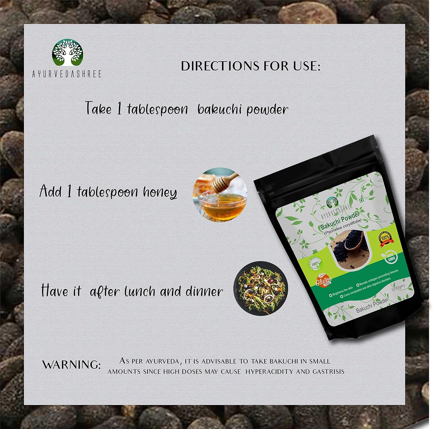 200 Gm AYURVEDASHREE Bakuchi Powder | Psoralea corylifolia Seeds Powder | Babchi for Skin Care | Promotes Even Skin Tone, Reduces White Spots, Strengthens Bones