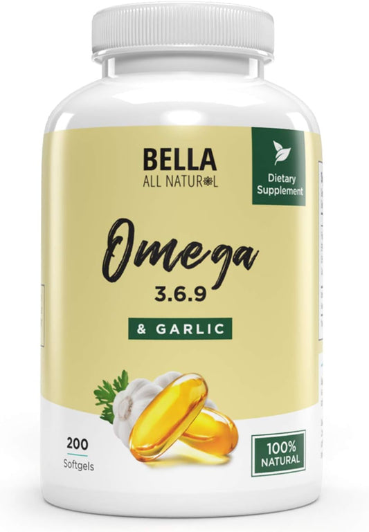 200 Softgels of Bella All Natural Omega 3 6 9 with Garlic Oil - Dietary Supplement for Heart Health and Immune Support